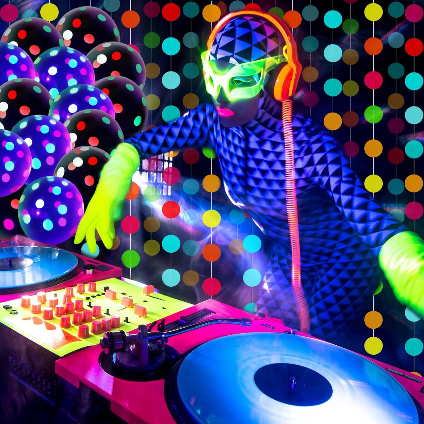 32 Pcs Glow in The Dark Party Supplies Christmas Neon Party Favors with 25 Fluorescent Balloon 6 Rolls 98.4 ft UV Blacklight Luminous Tape 14.4 ft Neon Streamer Garland for Adults(Bright Big Dot)