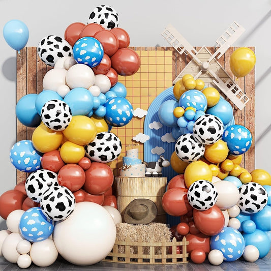 Toy Kids Balloons Arch Kit, Burnt Orange Blue Mustard Yellow Balloon Garland as It's A Story Boy Baby Shower Decorations, Cow Cloud Print Balloons Nude Balloon for First Birthday Party Supplies