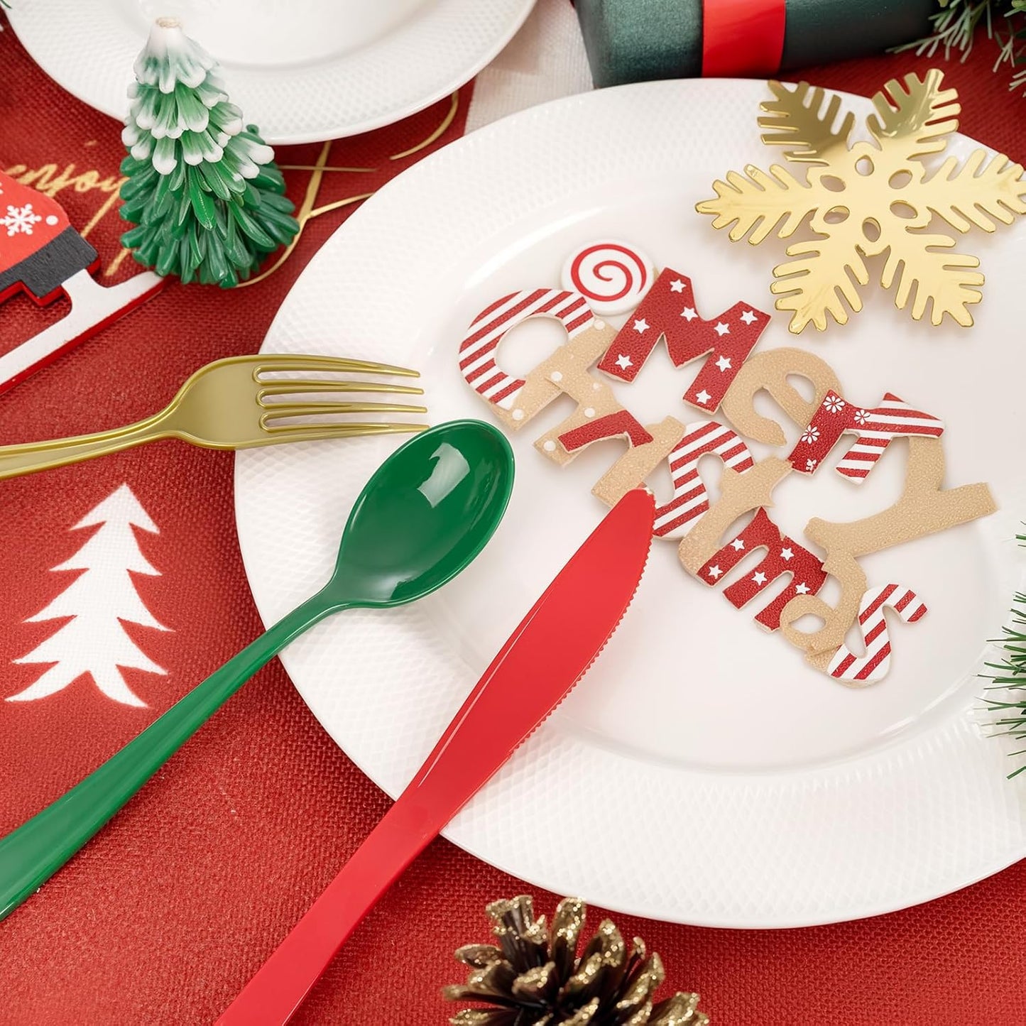 Liacere 100Pack Pre Rolled Silverware and Napkin - Wrapped Plastic Cutlery Set with Napkin:100 Gold Forks,100 Red Knives,100 Green Spoons,100 Napkins for Christmas