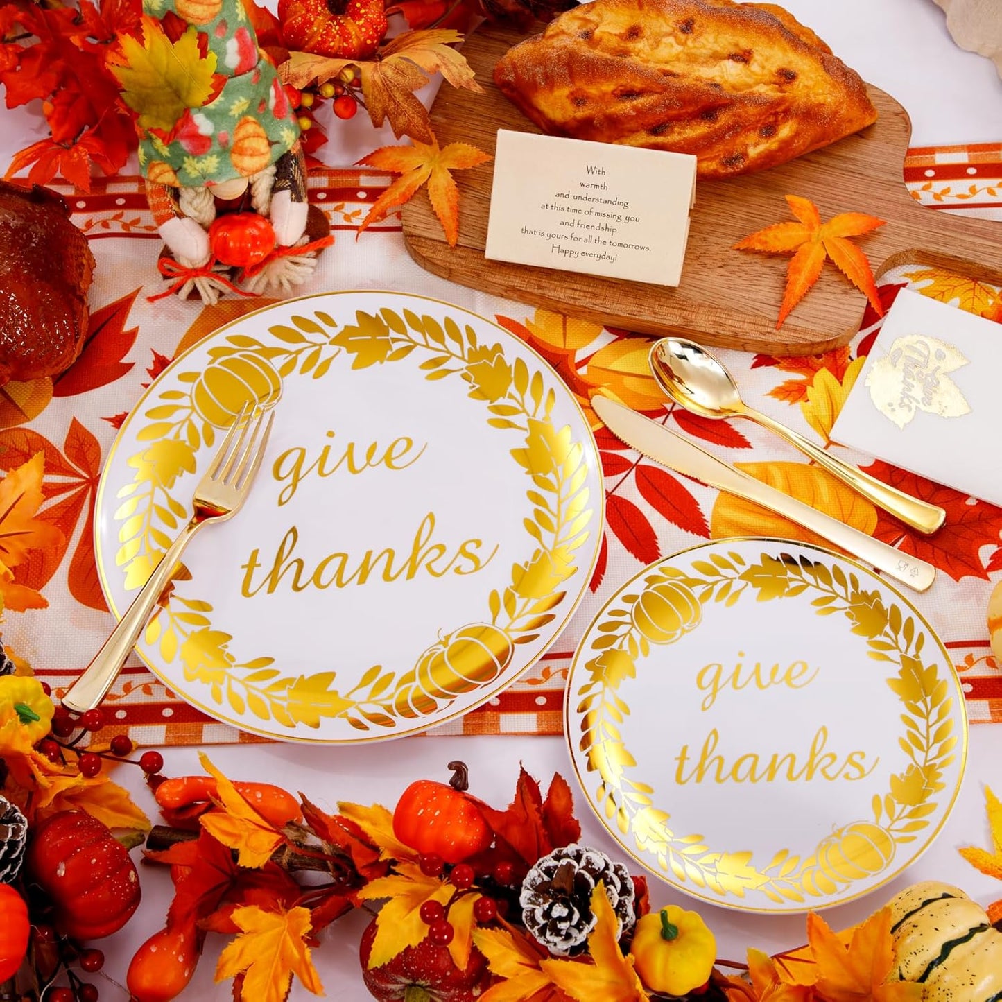 YOUBET 175PCS Thanksgiving Plastic Plates - Thanksgiving Gold Disposable Plates - Fall Plastic Plate Include 50 Plate, 25forks, 25Knives, 25Spoons, 25 Napkins, 25Cups for Fall Party