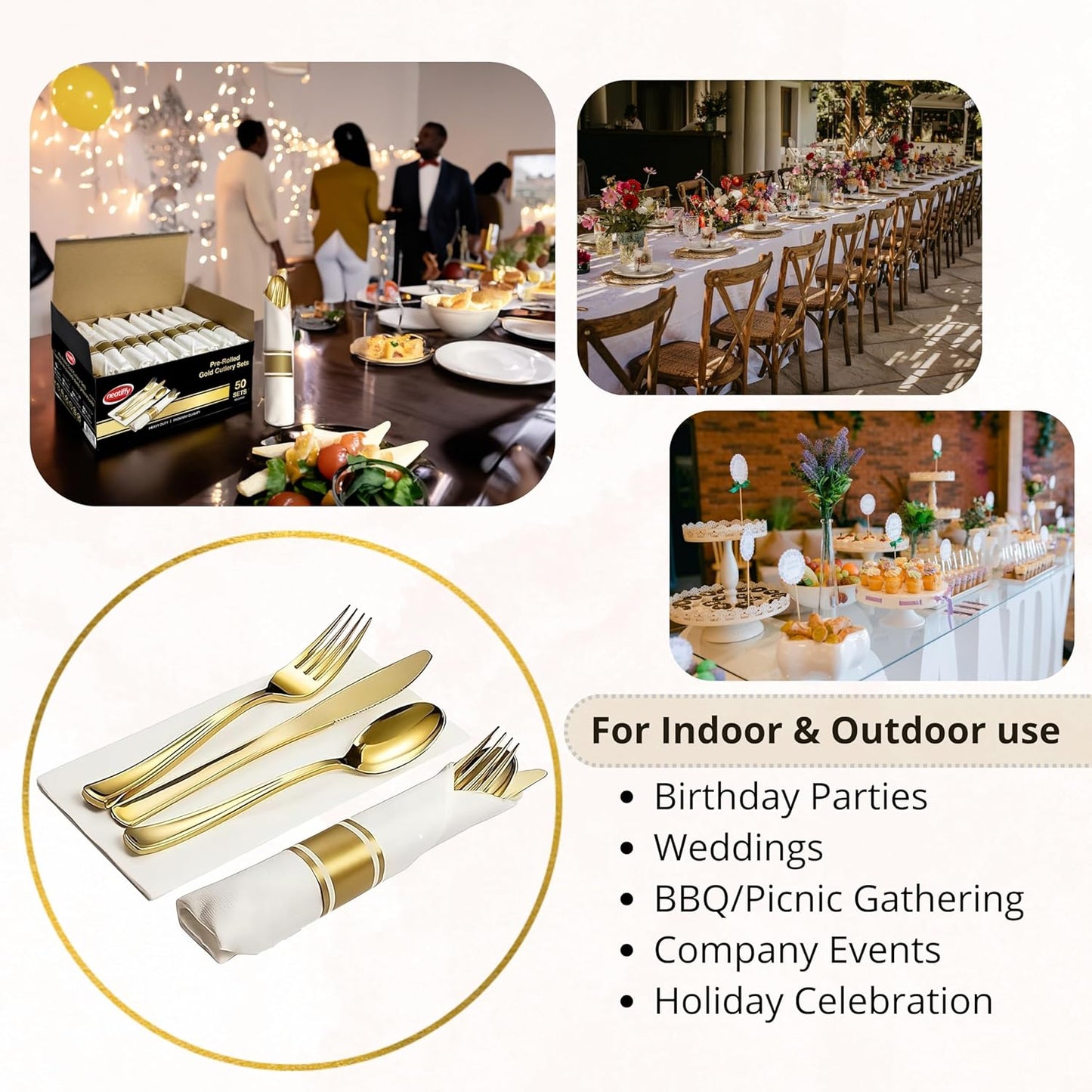 Neatiffy 50 Pack Gold Plastic Silverware Set, Pre Rolled Napkin and Cutlery Set with 50 Forks, 50 Knives, 50 Spoons, 50 Napkins, Utensils, Silverware for Parties, Weddings and Birthdays