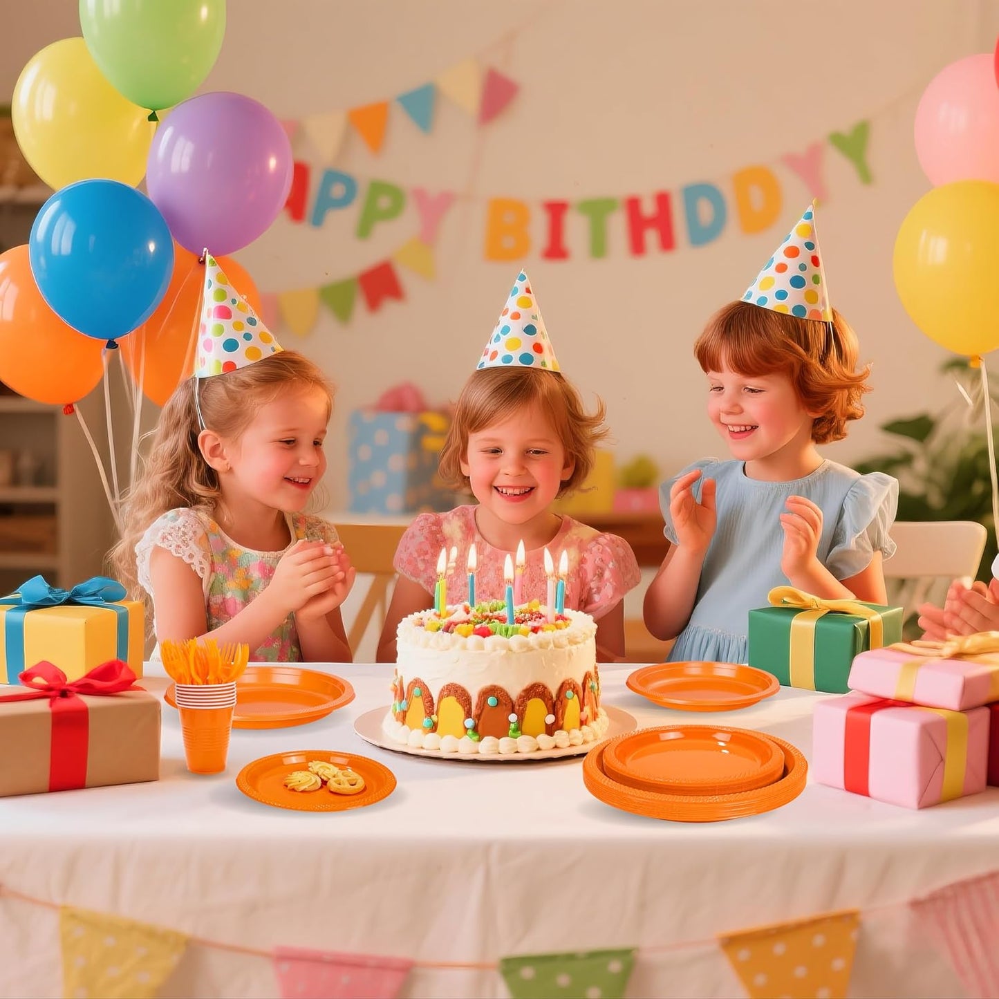 MirthMood 350PCS Orange Plastic Plates,Orange Disposable Plates Set– Plastic Plates Set Includes 50 Dinner,50 Dessert Plate,50 Cup&50 Napkins, 50 orange Silverware for Wedding & Birthday Parties