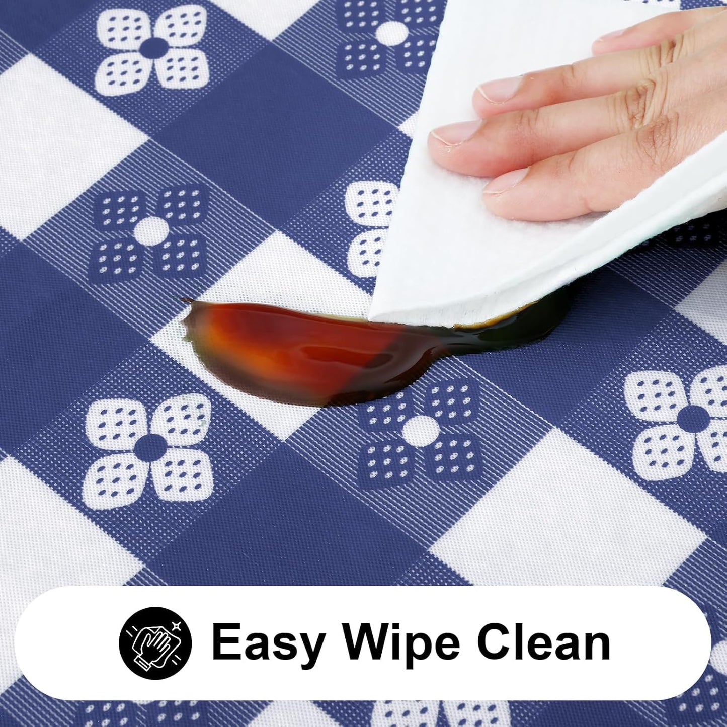 Rectangle Vinyl Table Cloth, Waterproof Elastic Fitted Tablecloth with Flannel Backing, Plastic Table Cover for Picnic, Camping, Outdoor (White & Navy, 30"x48")