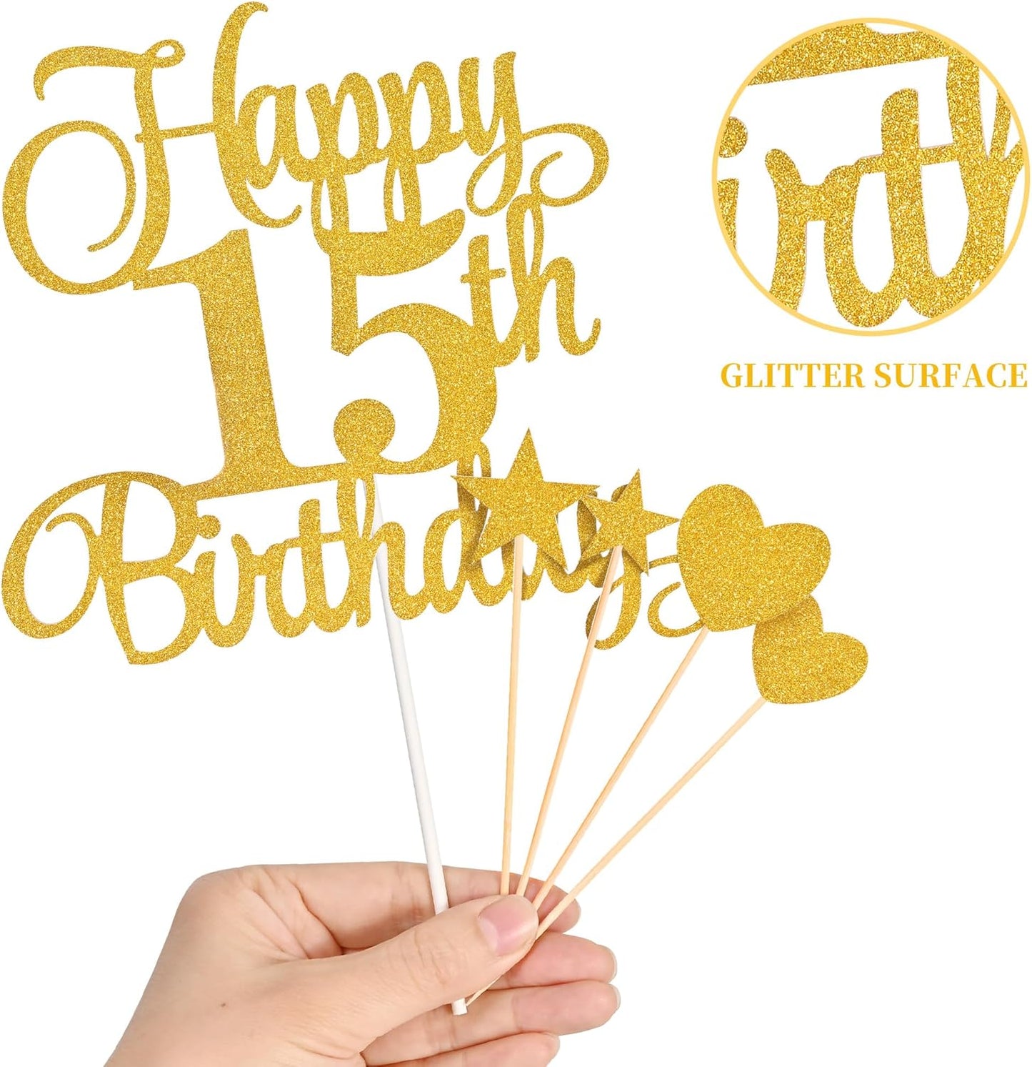15th Birthday Cake Decorations, 15th Birthday Candles Cake Numeral Candles and Glitter Happy 15th Birthday Cake Toppers Set for Birthday Party Supplies (Gold)