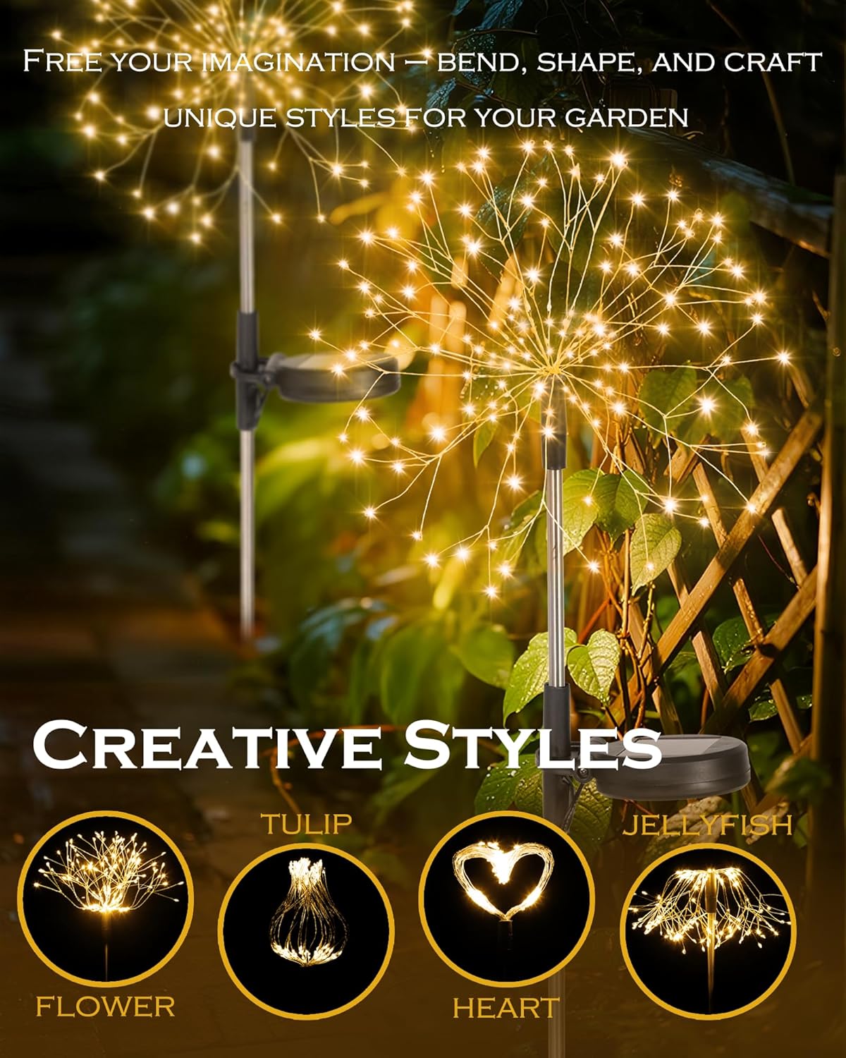 Solar Garden Lights Outdoor Yard Decorations, 2 Pack 150Leds Pathway Lights Stake, Fairy Firework Light for Garden, Patio, Pathway, Flowerbed Gold Color