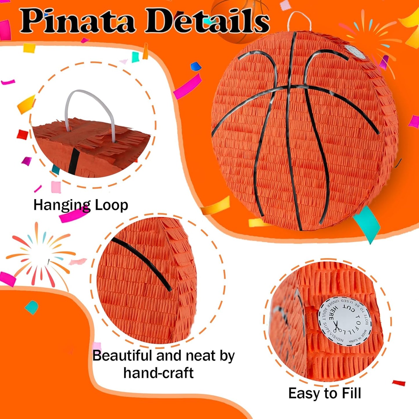 PCFING 18 Inch Basketball Piñata with 30 Inch Piñata Stick Blindfold Confetti for Boys Girls Adults Birthday Party Game Decorations, Anniversary Celebration, Fiesta