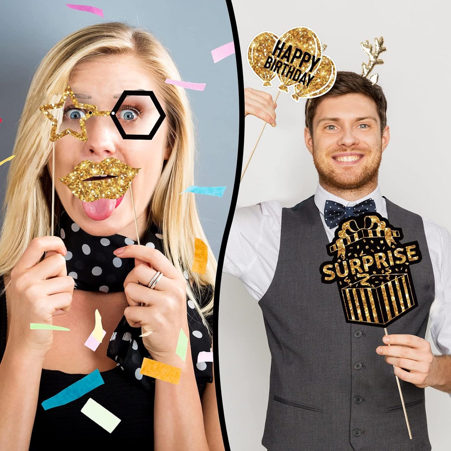 Outus 36 Pcs Birthday Photo Booth Props Kit Happy Birthday Graduation Wedding Party Favors Supplies Bday Party Decor 40th- 50th-60th Photobooth Funny Cute Holiday Selfie Supplies(Gold and Black)