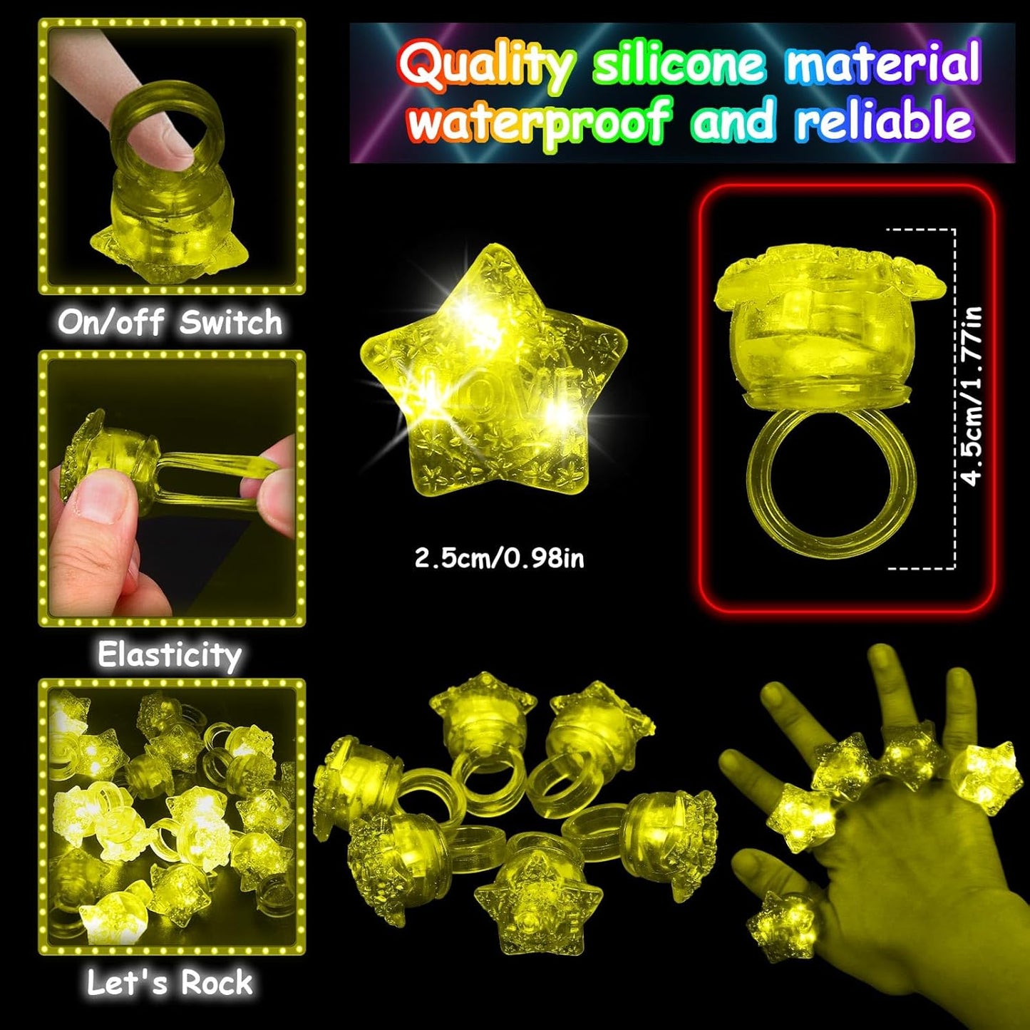 24 Pack Light Up Star Rings Glow in the Dark Party Flashing LED Jelly Finger Rings for July 4th,Halloween,Christmas,Concert,Goodie Bag Fillers,Raves