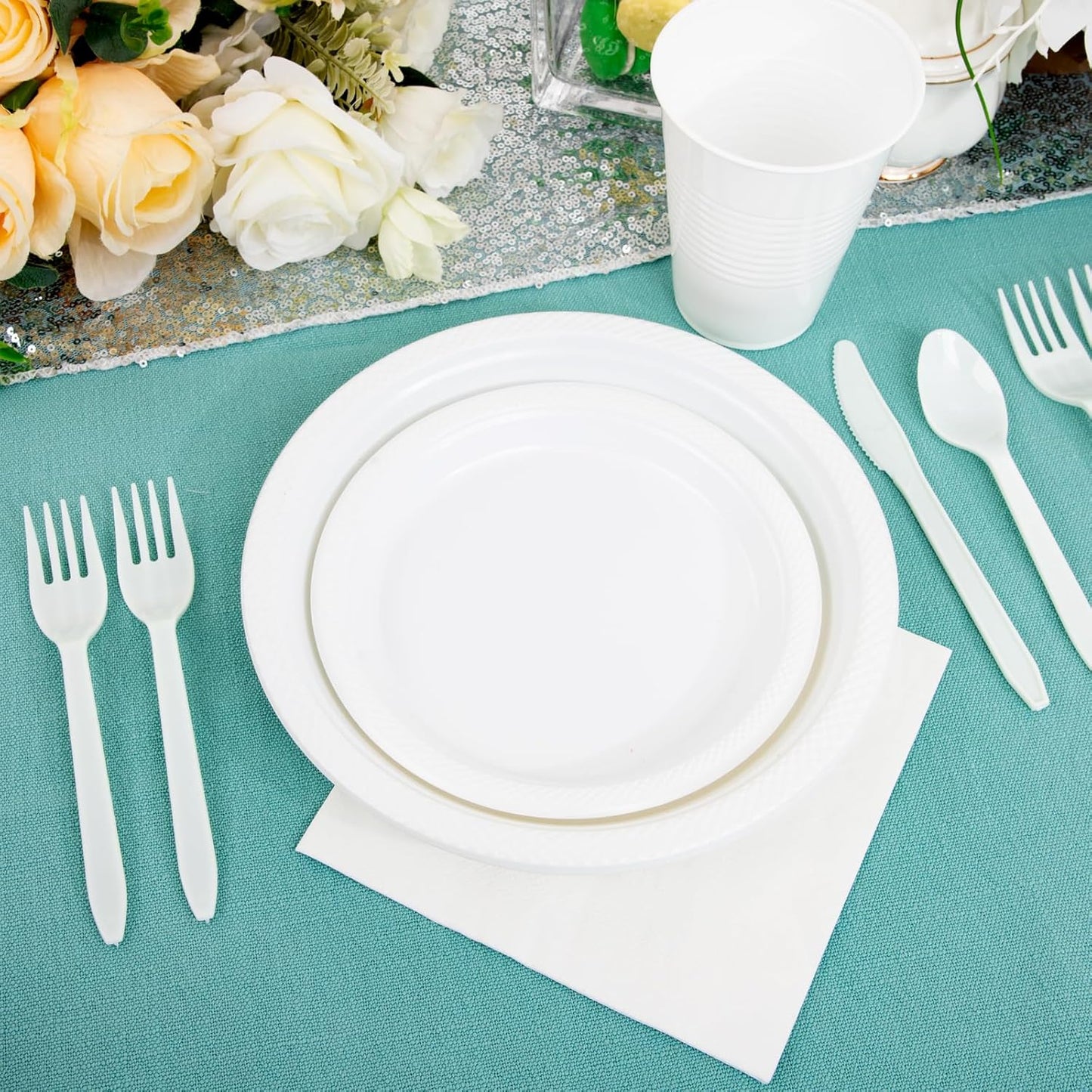 MirthMood 350PCS White Disposable Plates, Round Solid Color Disposable Plates for Party, including 50 Dinner Plates,50 Dessert Plates,50 White Silverware,50 Napkins and 50 16OZ Cups