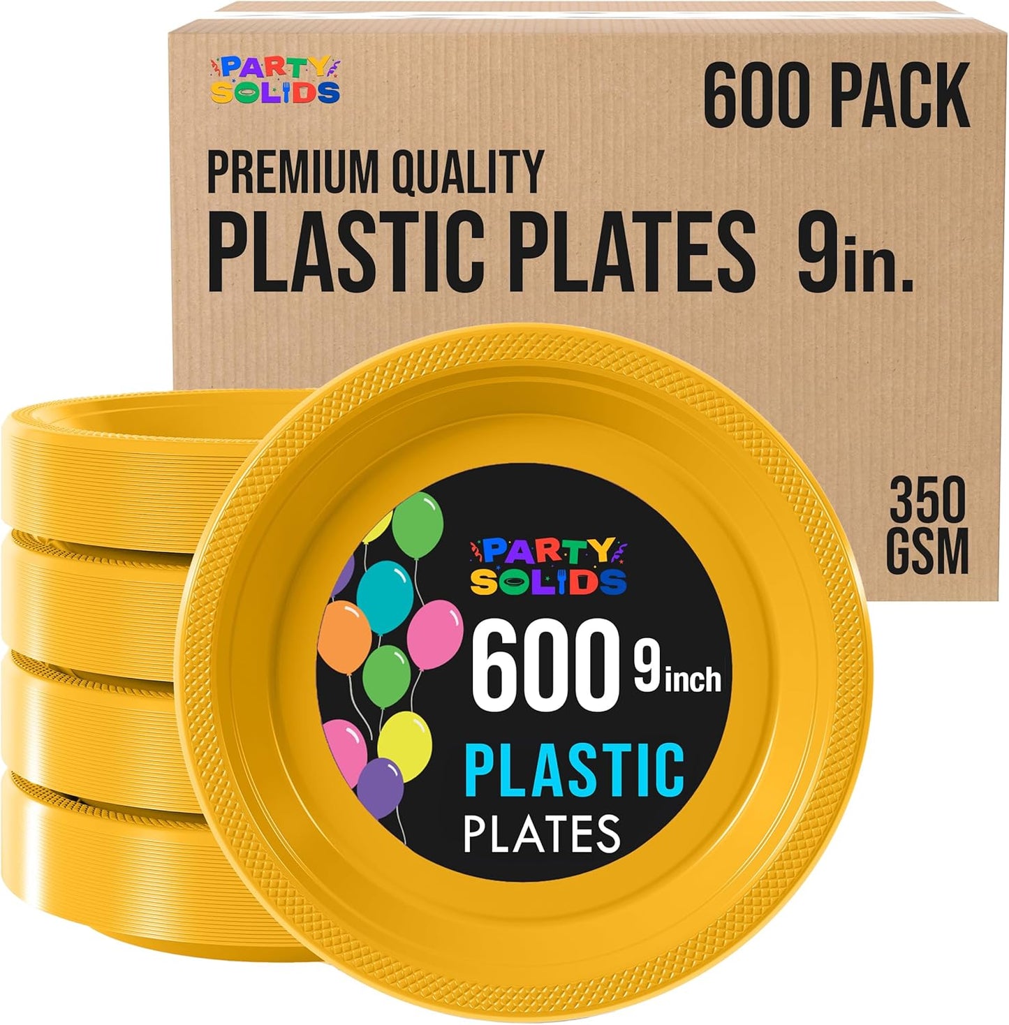 Party Solids Yellow Plastic Plates Bulk 9" Yellow Disposable Plates For Party Supplies 600 Pieces Disposable Dinner Plate Heavy Duty 350 GSM Plate Sets, Plastic Dinnerware Sets