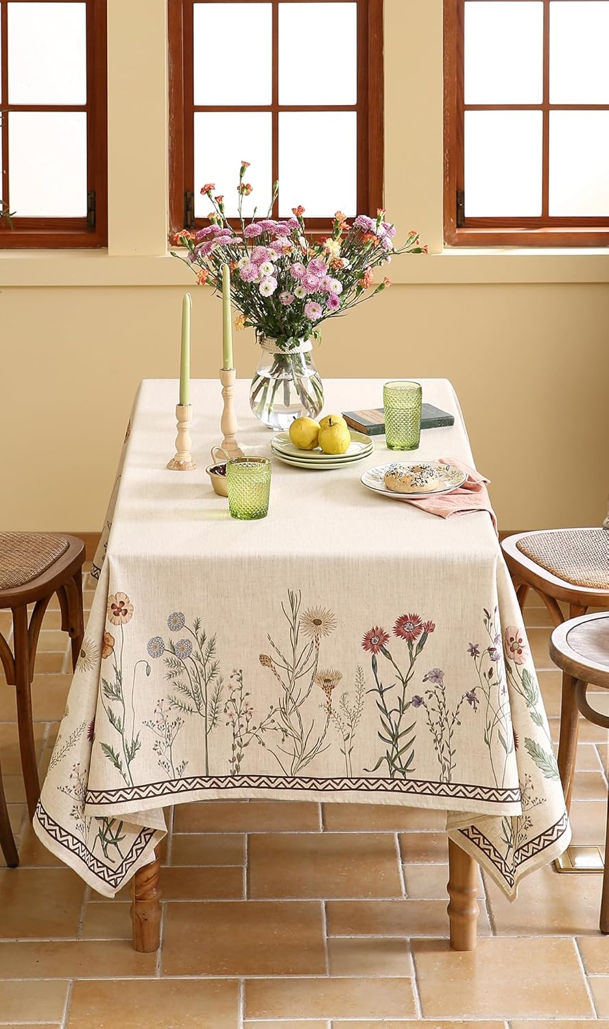 ISAENNE Designer Off White Linen Long Tablecloth Rectangular,Floral Elegant Table Cloth,Stain Resistant Vintage Decor Tablecloths for Dining Thanksgiving Kitchen Christmas,63"*94"-Serenity G