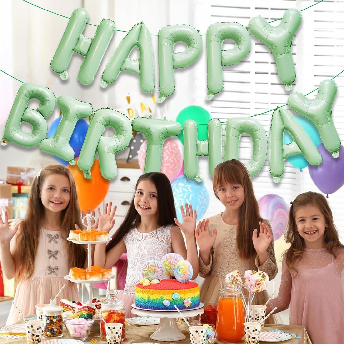 KALOR Olive Green Happy Birthday Balloons Banner, 16 Inch Mylar Foil Letters Balloon Sign for Women, Men, Boys & Girls Kids Birthday Decorations Photo Backdrop