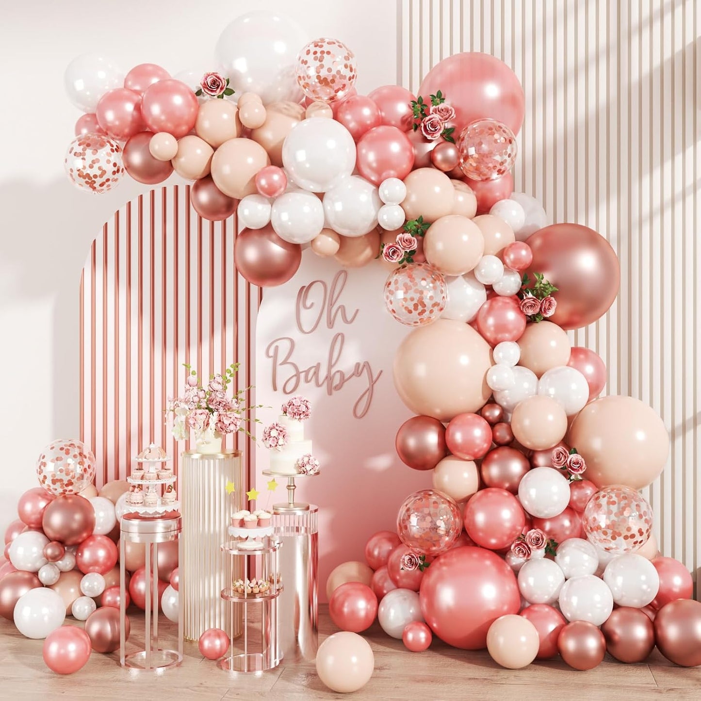 147PCS Rose Gold Balloon Garland Arch Kit, Pearl Rose Gold Metallic White Nude Balloons with Confetti for Wedding Bridal Shower Princess Party Girl Birthday Baby Shower Decorations