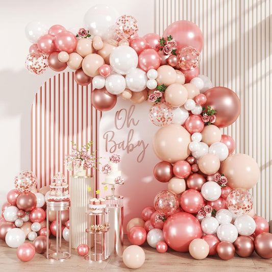 147PCS Rose Gold Balloon Garland Arch Kit, Pearl Rose Gold Metallic White Nude Balloons with Confetti for Wedding Bridal Shower Princess Party Girl Birthday Baby Shower Decorations