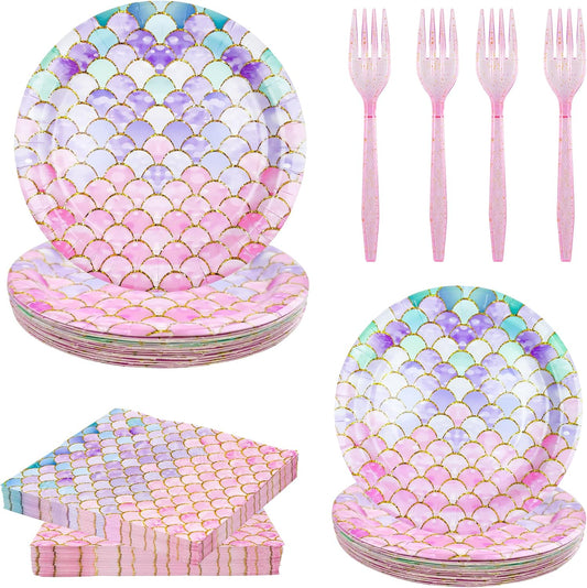 120 Pieces Mermaid Scale Birthday Party Tableware Set - Includes Plates, Napkins, Forks - Ocean Themed Decorations for Girls Party - Ideal for 30 People