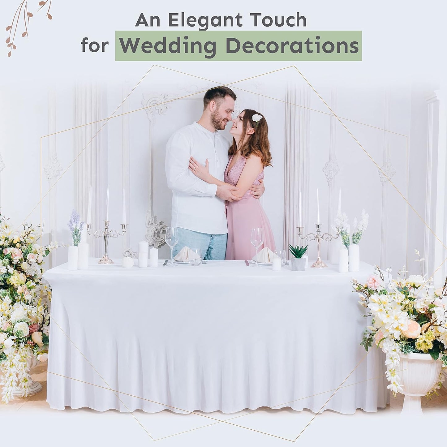 Table Skirt for Rectangular Tables 6ft - Wedding Spandex Covers for Standard 6 Foot Table - One Piece Fitted Stretchy Tablecloth - Wrinkle Resistant Ruffles Great for Party,Banquet (6 ft, White)