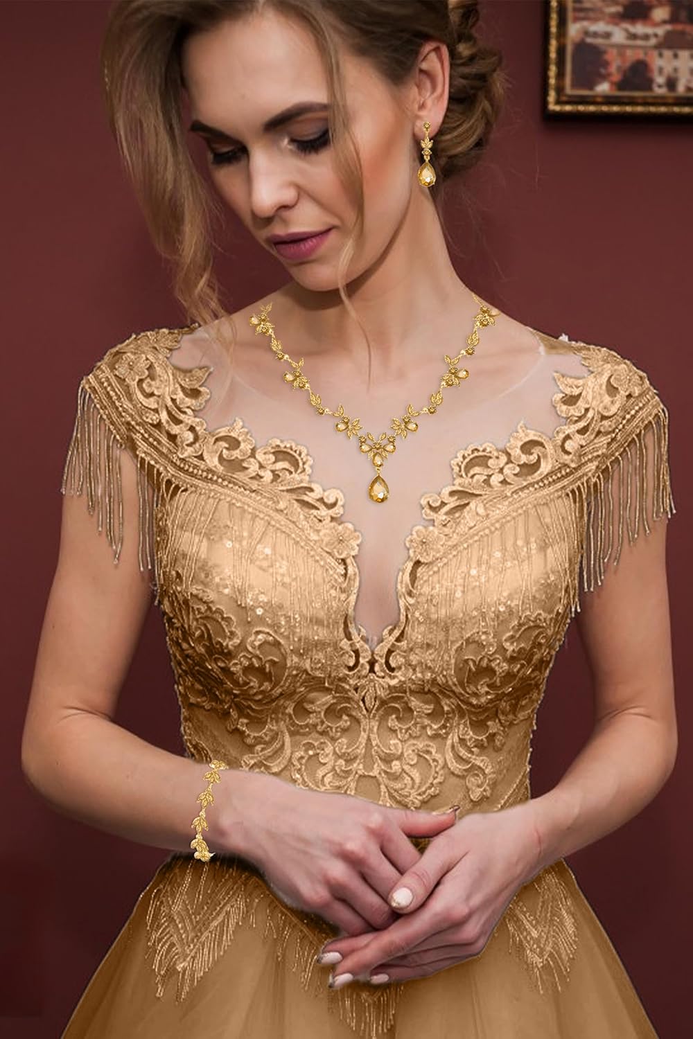 Bridal Wedding Elegant Floral Jewelry Set for Women/Brides/Bridesmaids Crystal Jewelry Set for Wedding Prom Party Bridal Crystal Necklace Earrings Bracelet Set