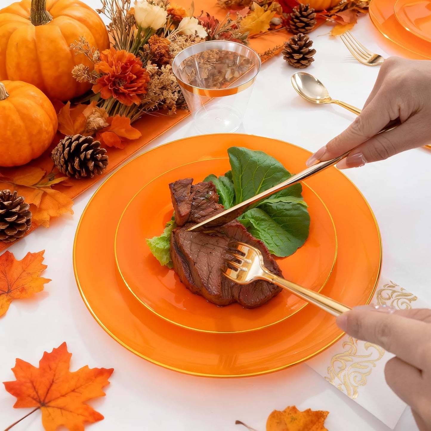 MirthMood 210PCS Orange Plastic Plates,Thanksgiving plastic Dinner Plates– Plastic Plates Set Includes 30 Dinner,30 Dessert Plate,30 Cup&50 Napkins, 30 orange Silverware for Wedding & Birthday Parties