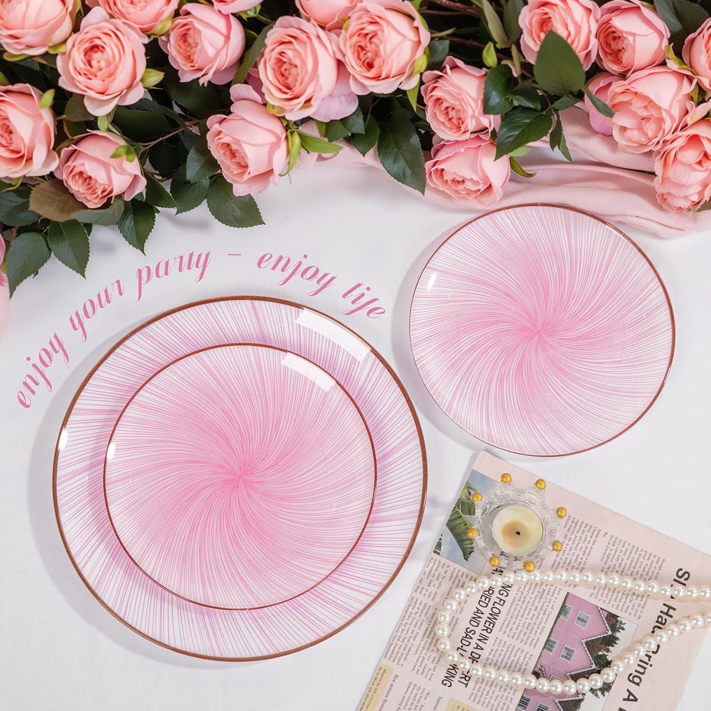 LIYH 60 Pcs Pink Plastic Combo Plates Set - Heavy Duty Pink Scalloped Plastic Disposable Plates for Party - 10.25" Dinner & 7.5" Dessert Plate 30 Guests
