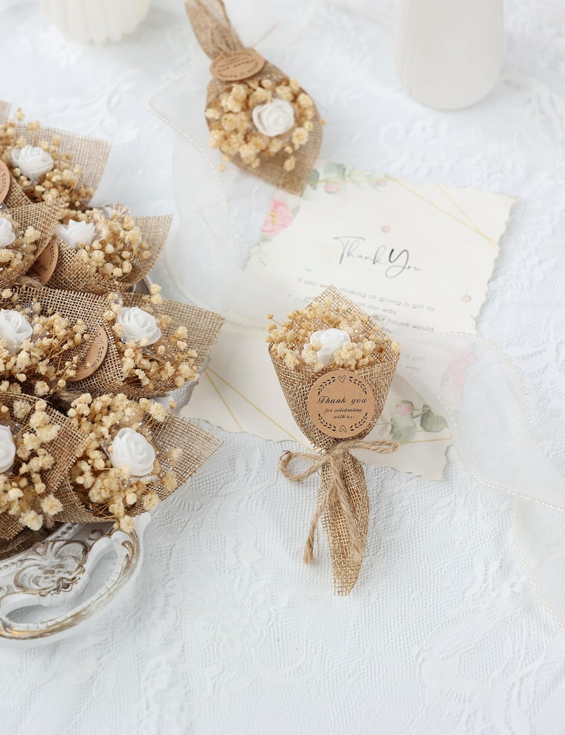 20-Piece set Mini Magnet Dried Flowers Bouquet for Wedding Favours for Guests, Baby Shower Party Favors, Bridal Shower Gifts, Wedding Return Gifts. (white)