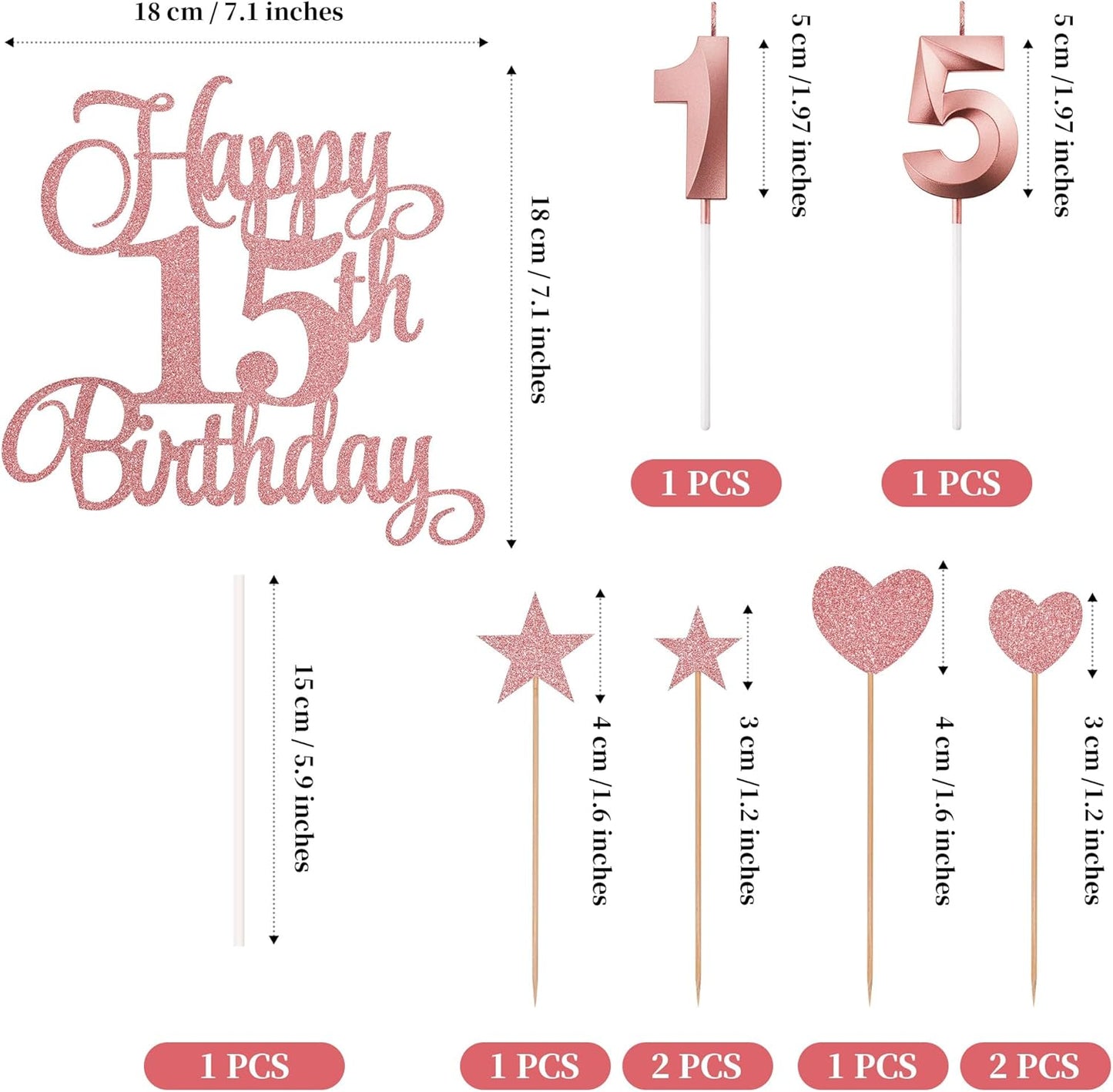 15th Birthday Cake Decorations, 15th Birthday Candles Cake Numeral Candles and Glitter Happy 15th Birthday Cake Toppers Set for Birthday Party Supplies (Rose Gold)