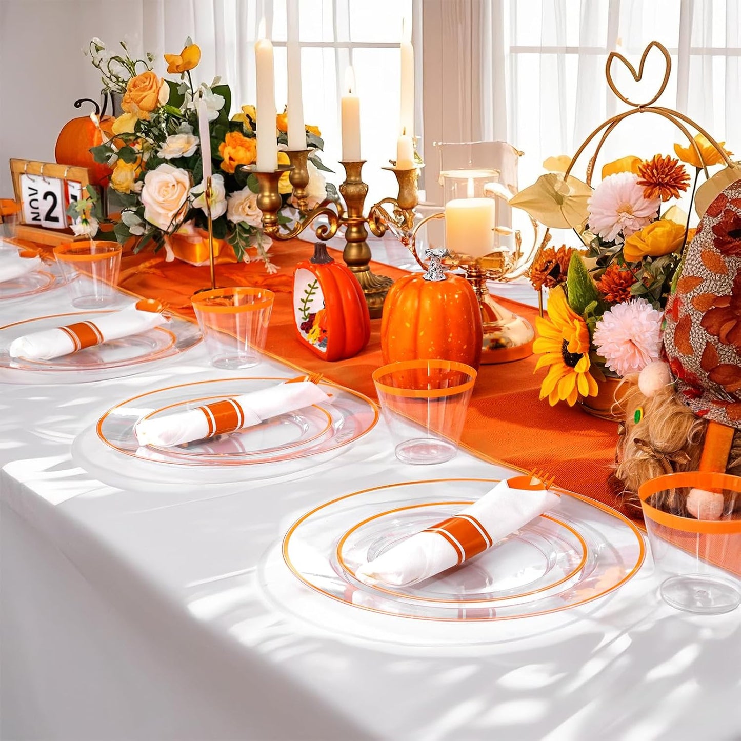 SUT 350Pcs Orange and Clear Plastic Dinnerware Set for 50 Guests, Include: 50 Dinner Plate, 50 Dessert Plates, 50 Pre Rolled Napkins With Silverware, 50 Cups, Disposable Plates for Thanksgiving, Party