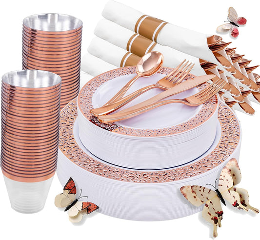 WELLIFE 350 PCS Rose Gold Disposable Dinnerware Set for 50 Guests, Disposable Rose Gold Lace Plates, Include:50 Dinner Plate, 50 Dessert Plates, 50 Pre Rolled Napkins with Silverware and 50 Cups