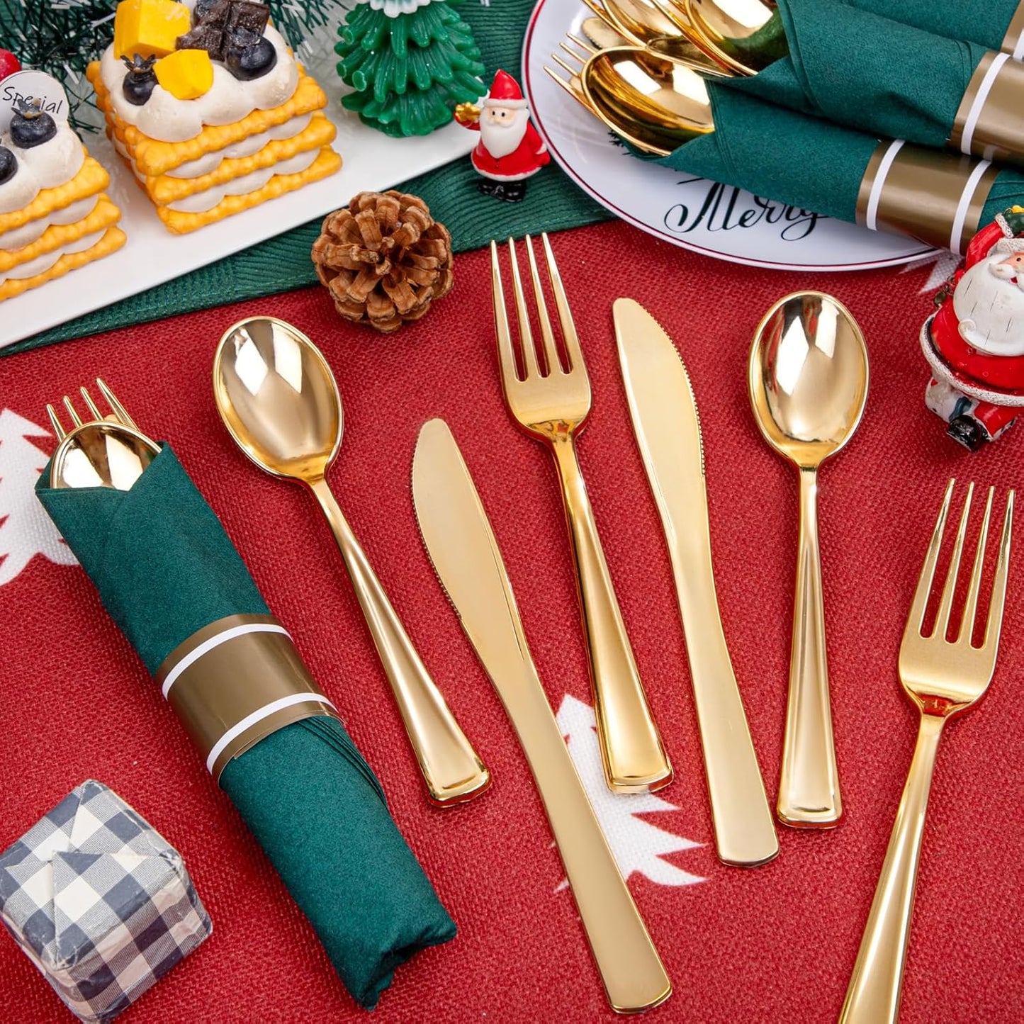 Supernal Gold Plastic Silverware with Green Napkins,Gold Silverware Disposable,Wrapped Plastic Cutlery Set with Napkin,Pre Rolled Silverware Set Disposable,Christmas Cutlery Suitable for 30 Guests
