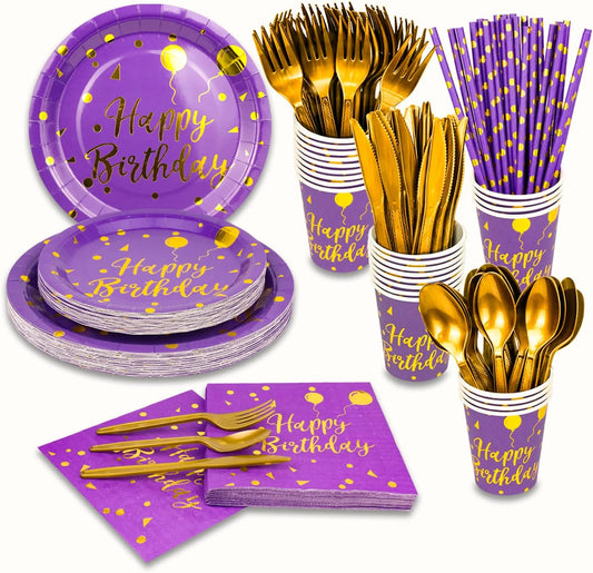 200 Pieces Gold Disposable Party Dinnerware Set &Disposable Purple Birthday Party Dinnerware - Purple Paper Plates Napkins Cups, Gold Plastic Forks Knives Spoons Straws