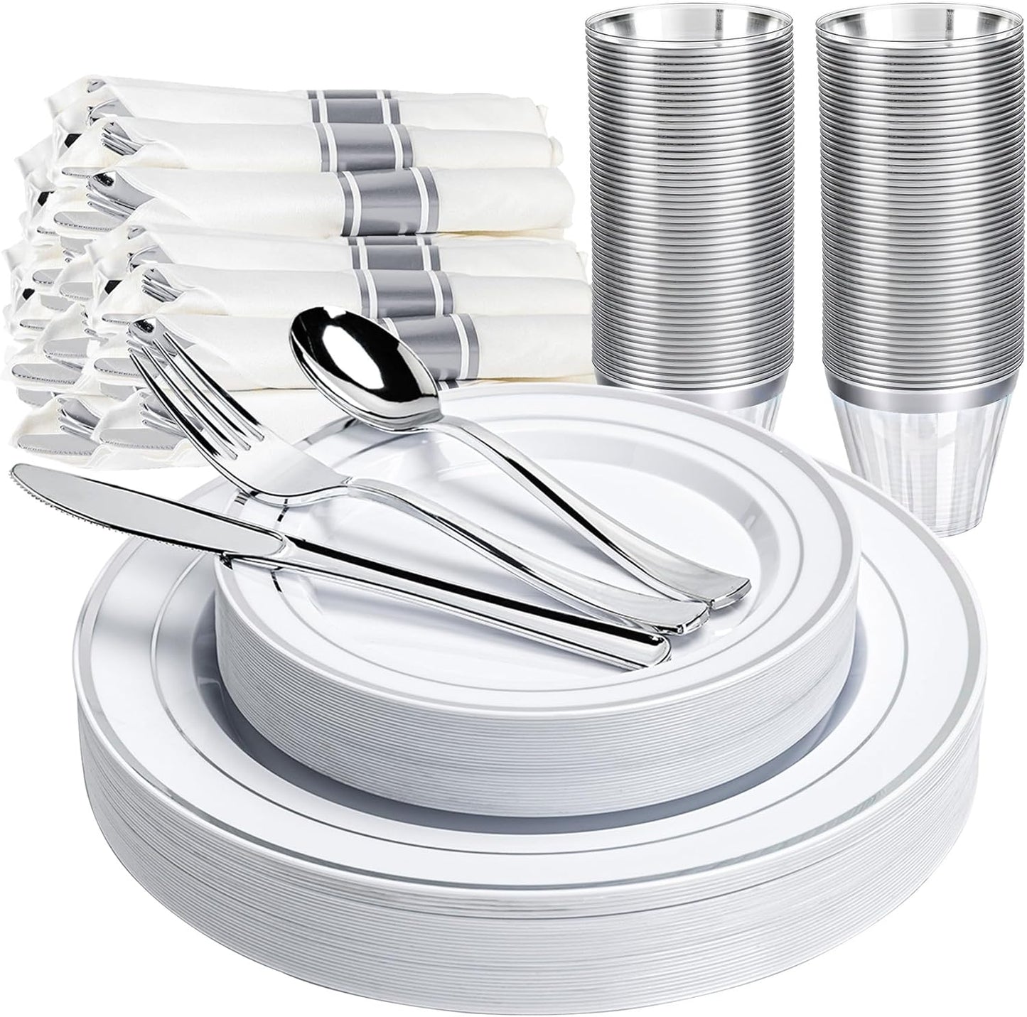 350 PCS White and Silver Plastic Dinnerware Set for 50 Guests, 100 Thanksgiving Disposable Plates for Party, 50 Pre Rolled Napkins with Silver Silverware, 50 Cups