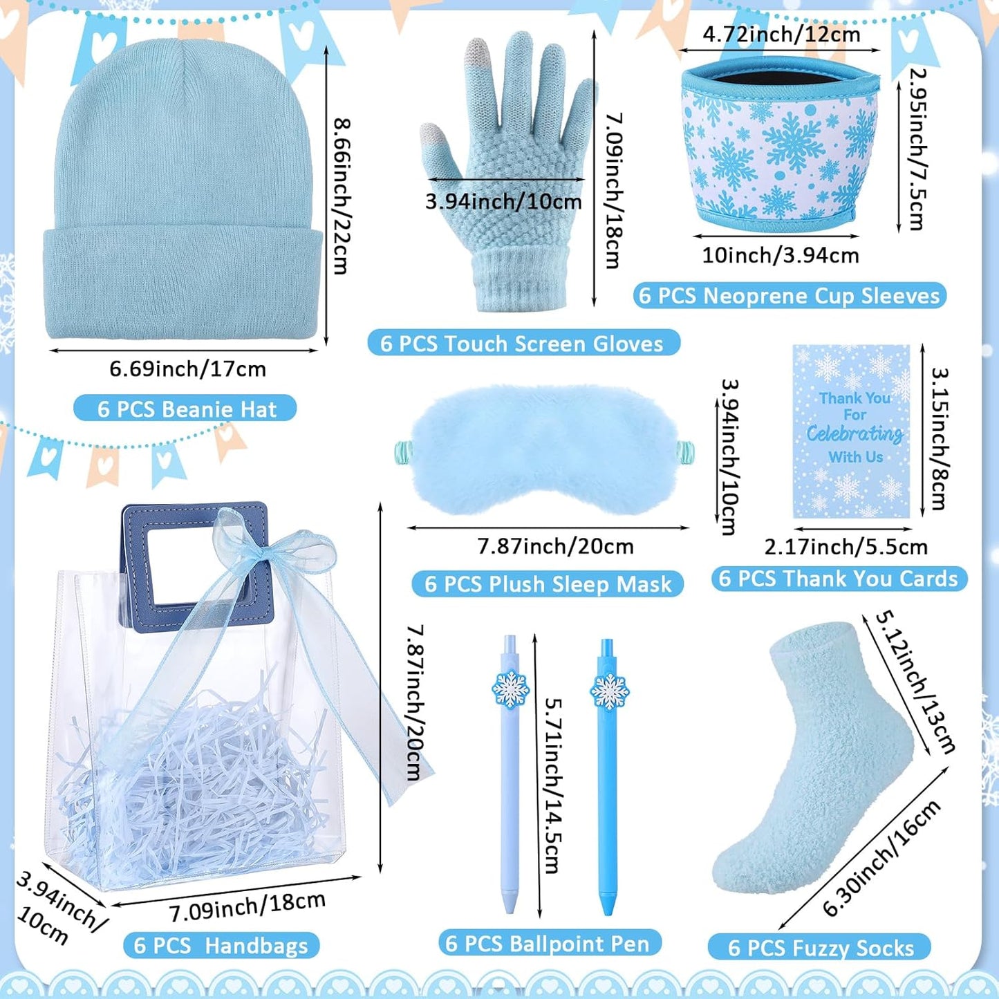 Shihanee 6 Sets Baby Shower Prizes for Game Wedding Bridal Shower Winners Favors Include Beanie Hat Touch Screen Gloves Fuzzy Socks Plush Sleep Eye Mask Cup Sleeves Ballpoint Pen Card Gift Bags (Blue)