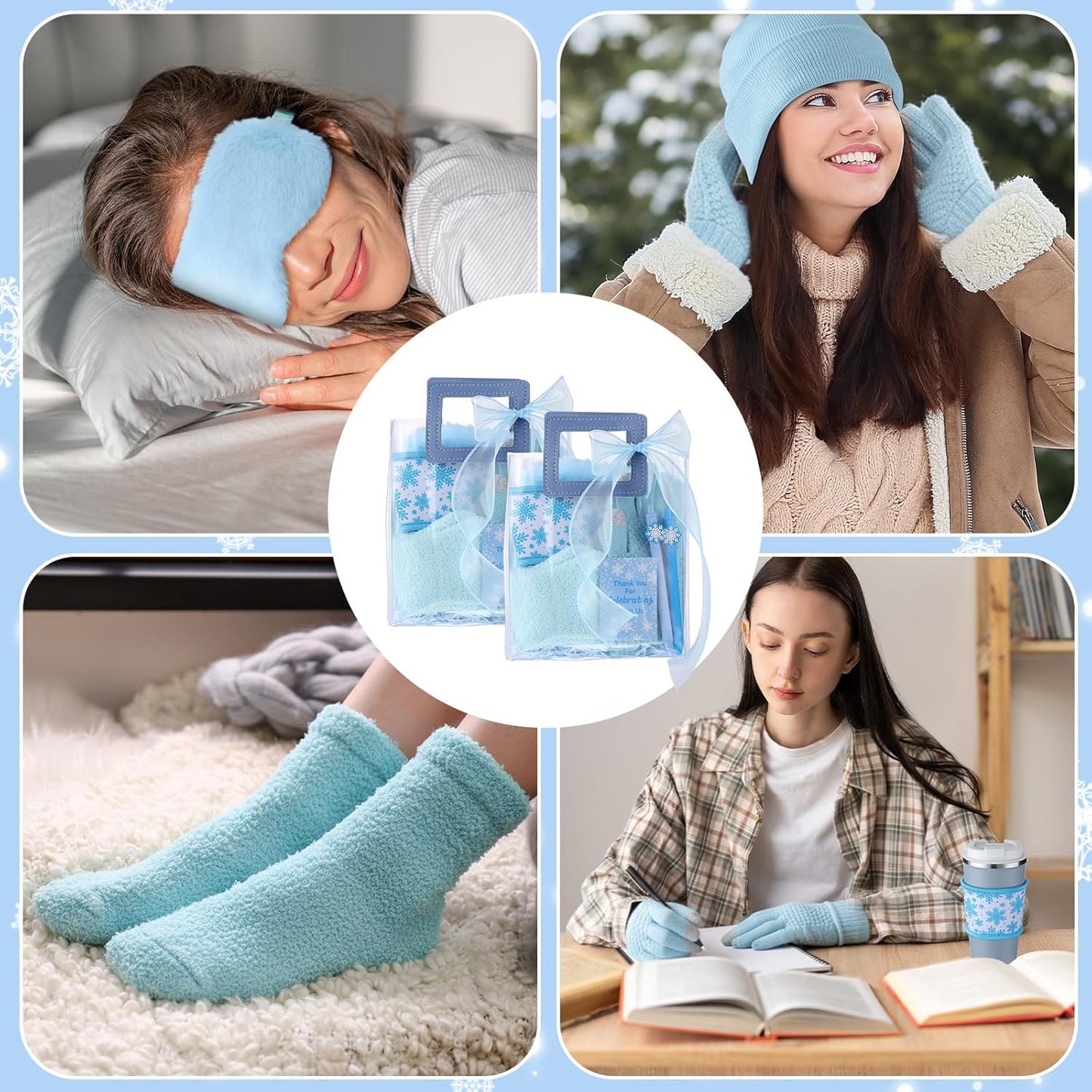 Shihanee 6 Sets Baby Shower Prizes for Game Wedding Bridal Shower Winners Favors Include Beanie Hat Touch Screen Gloves Fuzzy Socks Plush Sleep Eye Mask Cup Sleeves Ballpoint Pen Card Gift Bags (Blue)