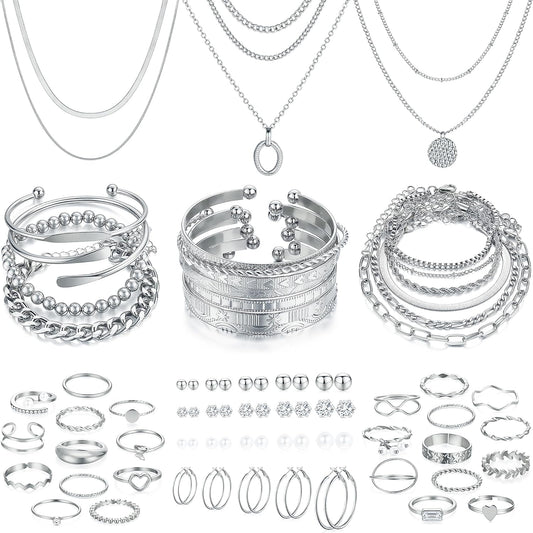 FAXHION 68 Pcs Gold Jewelry Set for Women with 7 Necklace, 17 Bracelet, 5 Hoop Earrings, 15 Stud Earrings, 24 Knuckle Rings for Women Jewelry Set for Women