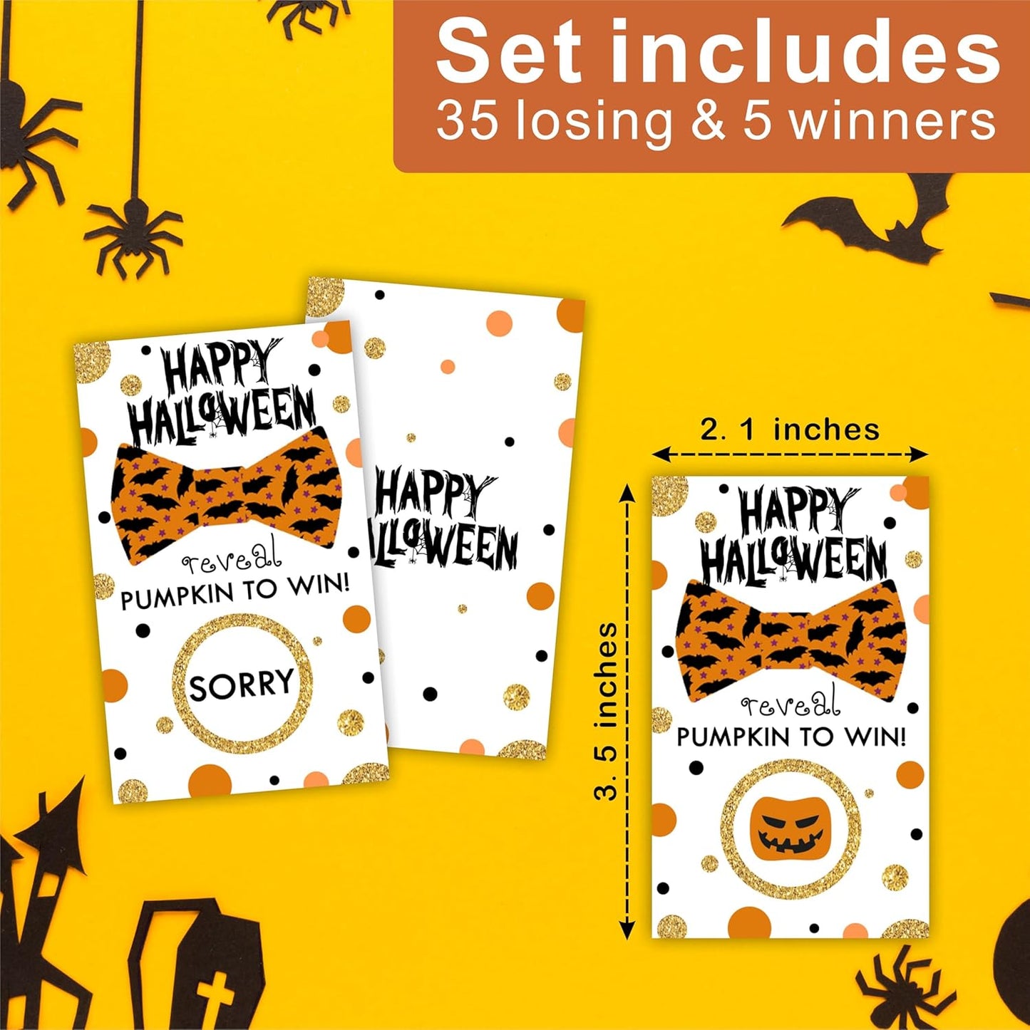 3.5" x 2.1" Halloween Themed Scratch Cards - 40 Happy Halloween Bat Bowtie Game Cards - Horror Party, Theme Party, Wedding Bridal Party and Raffle - A02