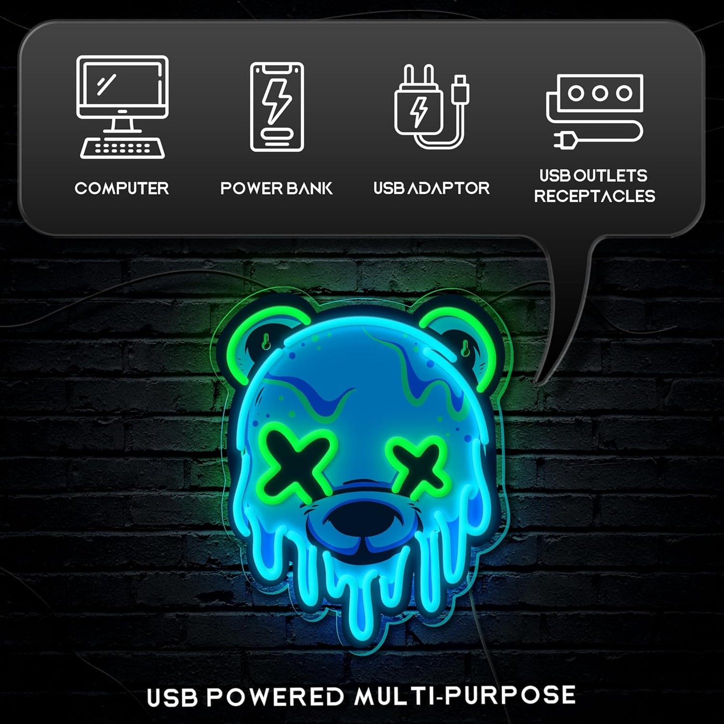 Ice Bear Neon Sign, Cool Led Sign for Wall Decor - Usb Powered, Adjustable Brightness Anime Bear Led Light for Bedroom, Bar, Pub, Party, Man Cave Decor, Unique Gift for Teenage Boys