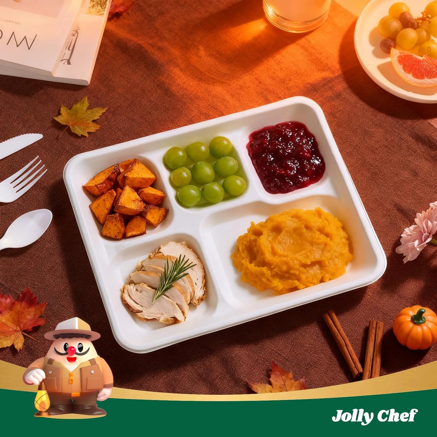 JOLLY CHEF Compostable 𝟱 Compartment Paper Plates 10*8.25*1 𝗶𝗻𝗰𝗵 [𝟭𝟮𝟱 𝗣𝗮𝗰𝗸] Small Heavy Duty Divided Disposable White Eco-Friendly Biodegradable Food Tray for School Lunch Thanksgiving Day