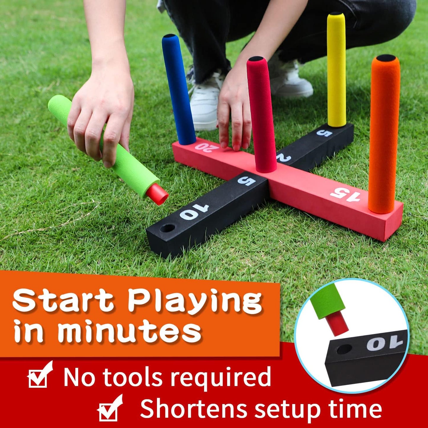 Ring Toss Game for Kids, Indoor & Outdoor Game for Family and Adults with 5 Poles, 2 Bases and 16 Rings in 4 Colors, Soft Foam Toy for Kids Backyard Ring Toss Fun