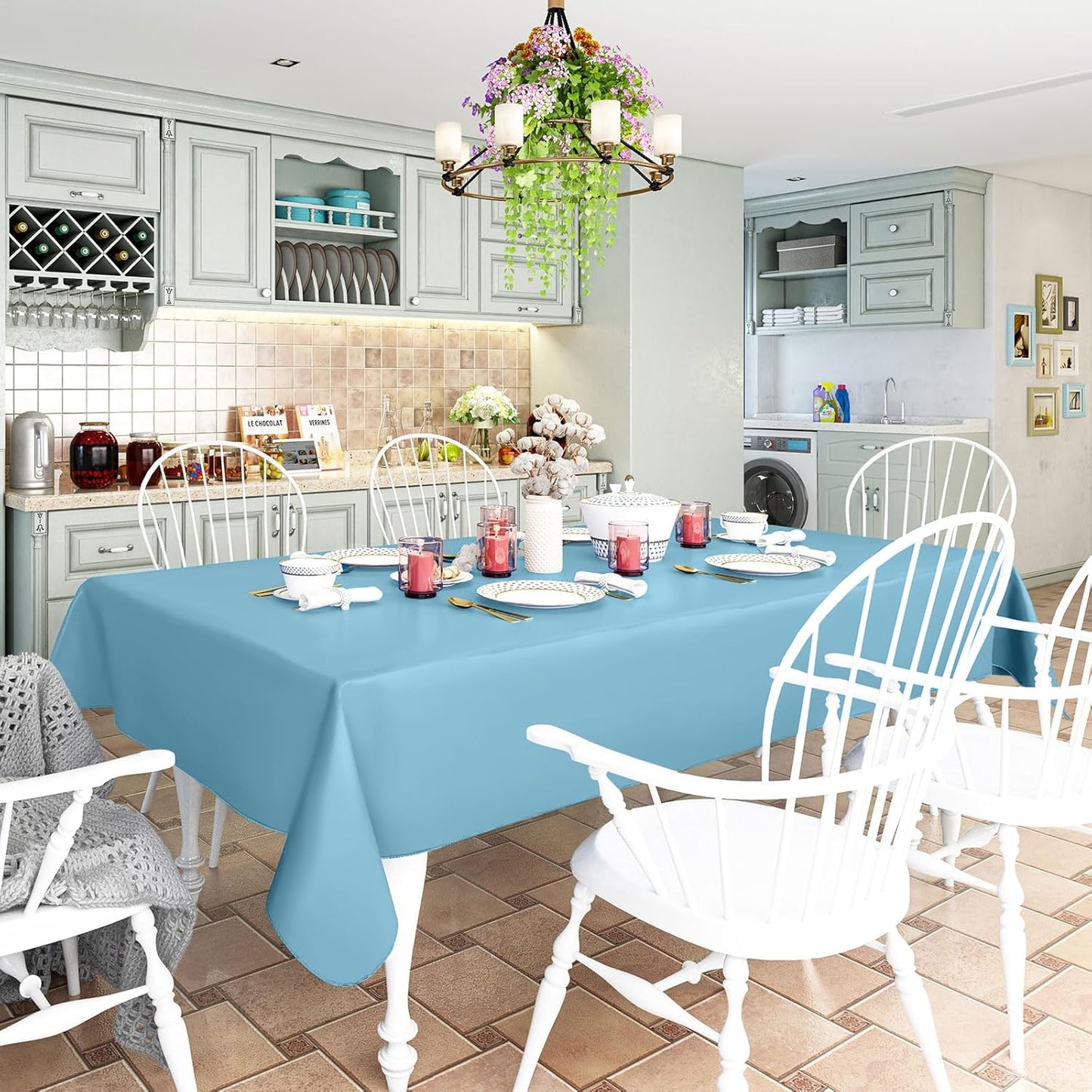 homing Rectangle Vinyl Tablecloth, Waterproof Spillproof Plastic Flannel Backed Table Cloth, Wipe Clean Table Cover for Dining, Buffet Parties and Camping (Aquamarine, 60" x 84")