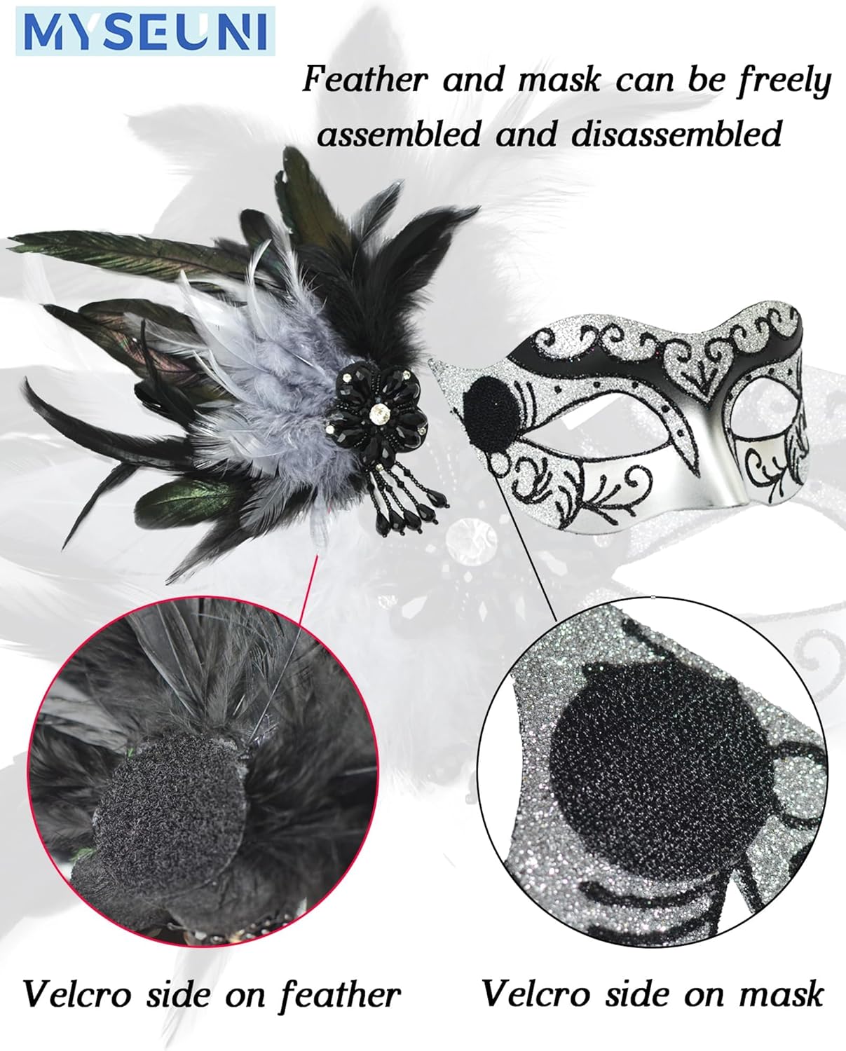 Silver Masquerade Mask for Couples -Masquerade Masks for Women with Feathers & Venetian Half Mask Halloween for Mascarade Party, Mardi Gras, Halloween Cosplay Prom, Christmas