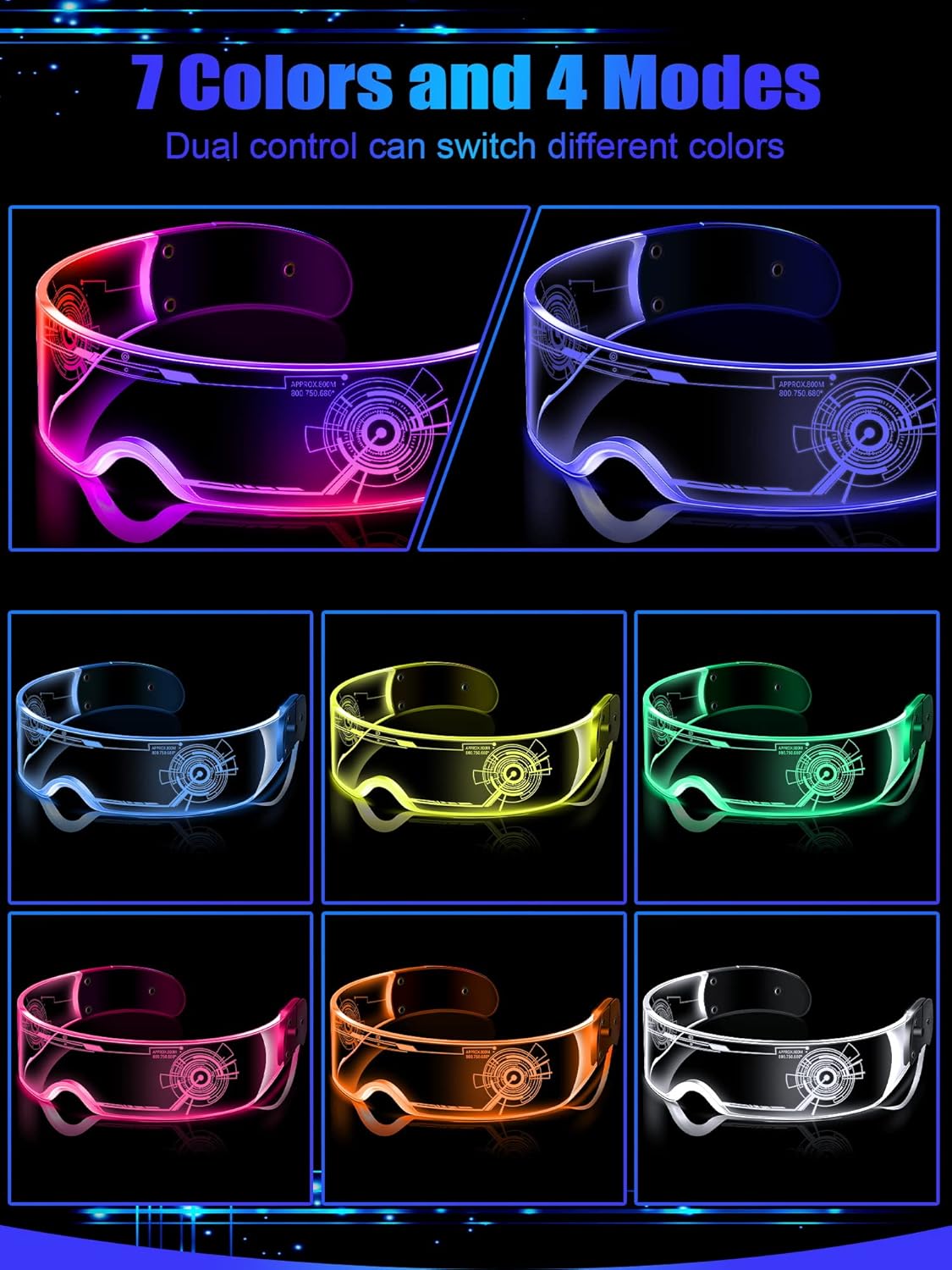 TOODOO 4 Pairs LED Visor Glasses Light up Glasses Futuristic Luminous Rave Glasses 7 Colors 4 Modes for Club Christmas Party