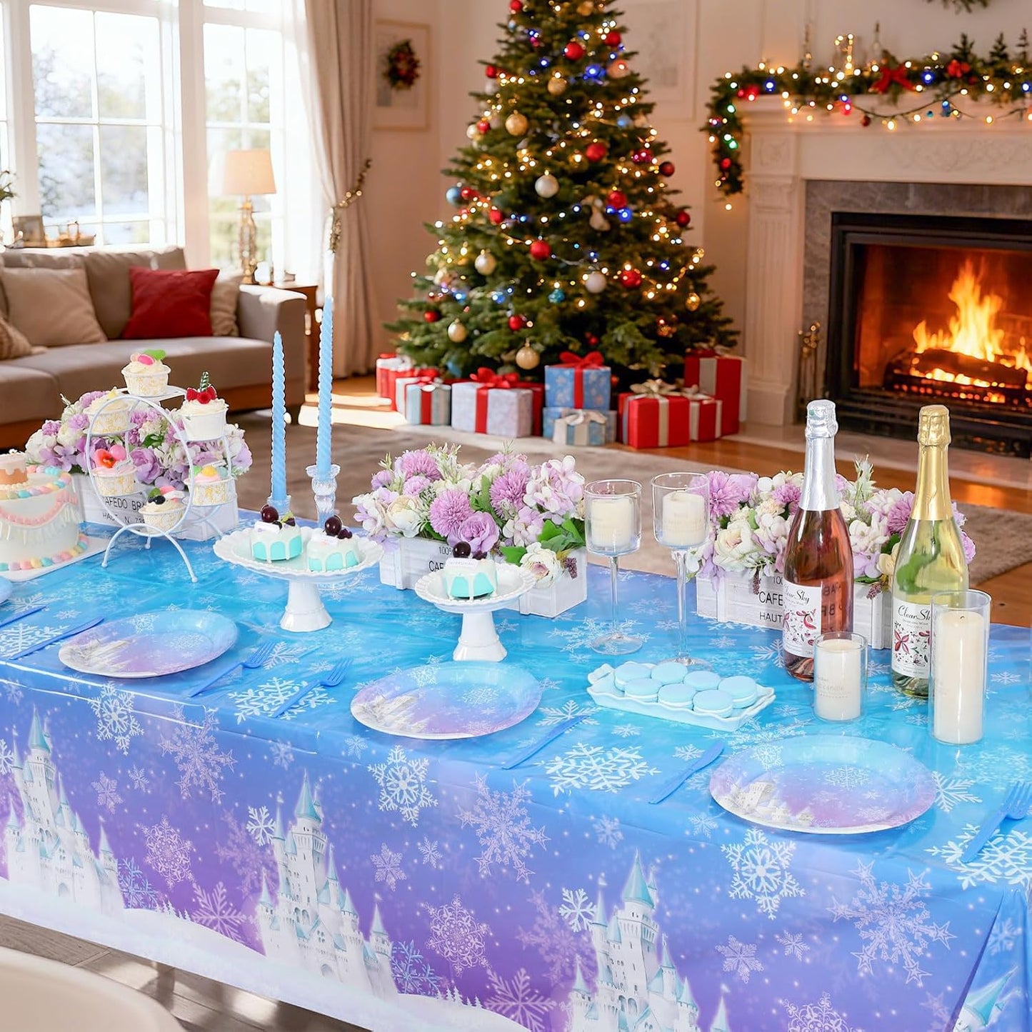 6 Pack Winter Snowflake Plastic Tablecloths, 54 x 108 Inch Frozen Tablecloth Blue and Purple Snowflakes Table Cover, Winter Wonderland Table Cloth for Christmas New Year Holiday Party Supplies Decor