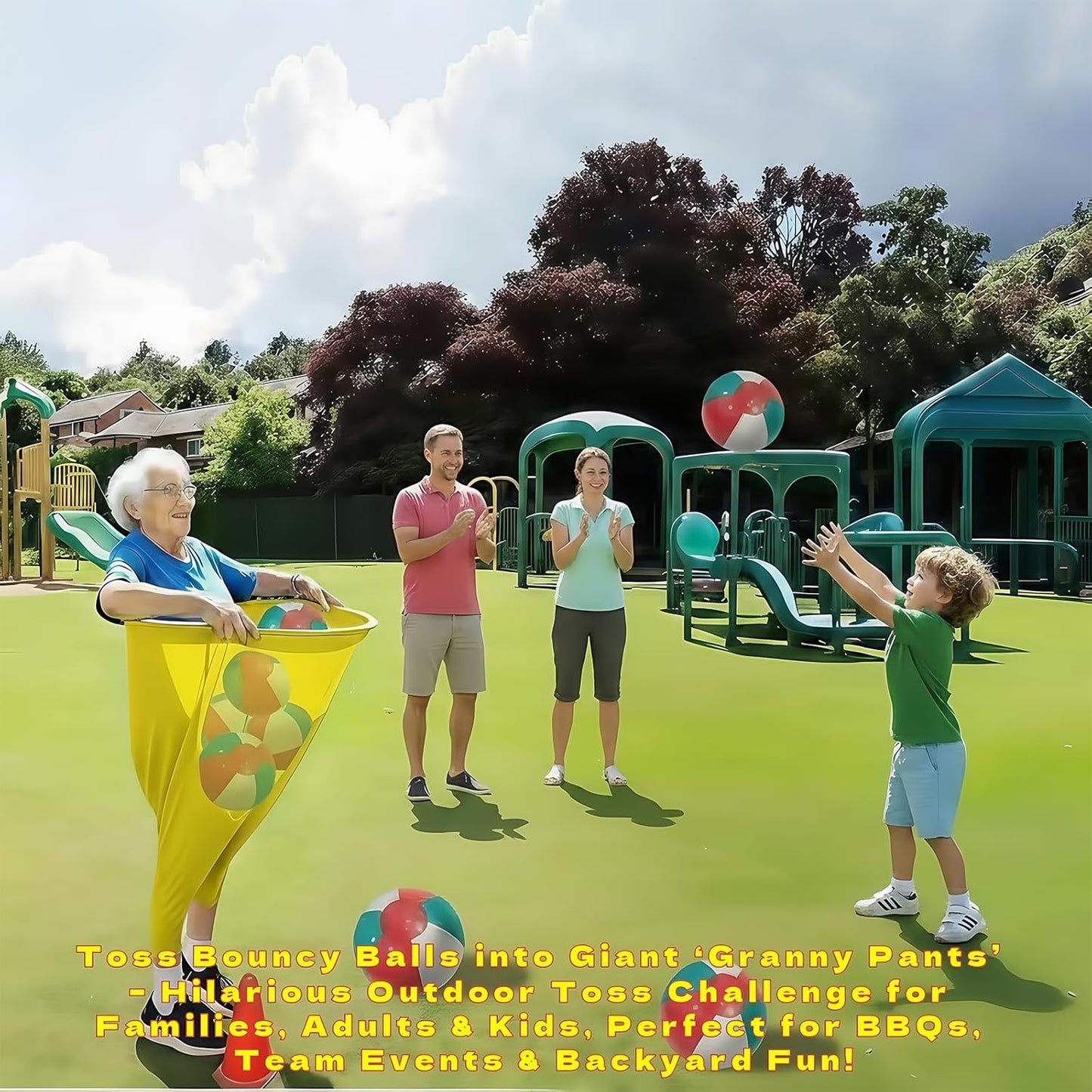 Giant Granny Pants Toss Game Set – Funny Outdoor Party Game with 6 Bouncy Balls & Air Pump | Hilarious Yard Toss Challenge for Families, Adults & Kids, BBQs, Team Events