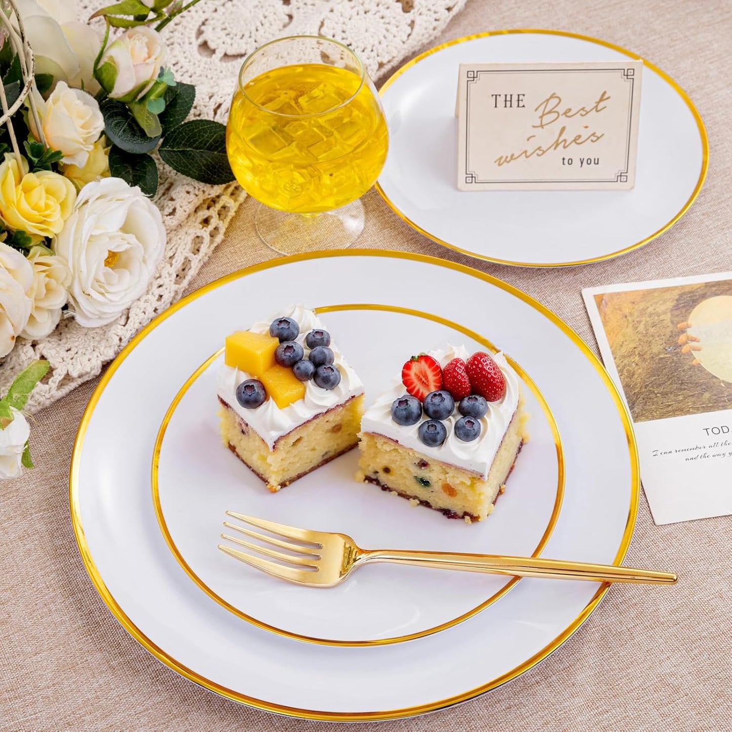 LIYH 60 Pcs Gold Plastic Plates Disposable Heavyduty - White Plastic Plates for Party/Weddings Include 30 White Gold Rim Dinner Plate 10.25" & 30 Dessert Plate 7.5 "
