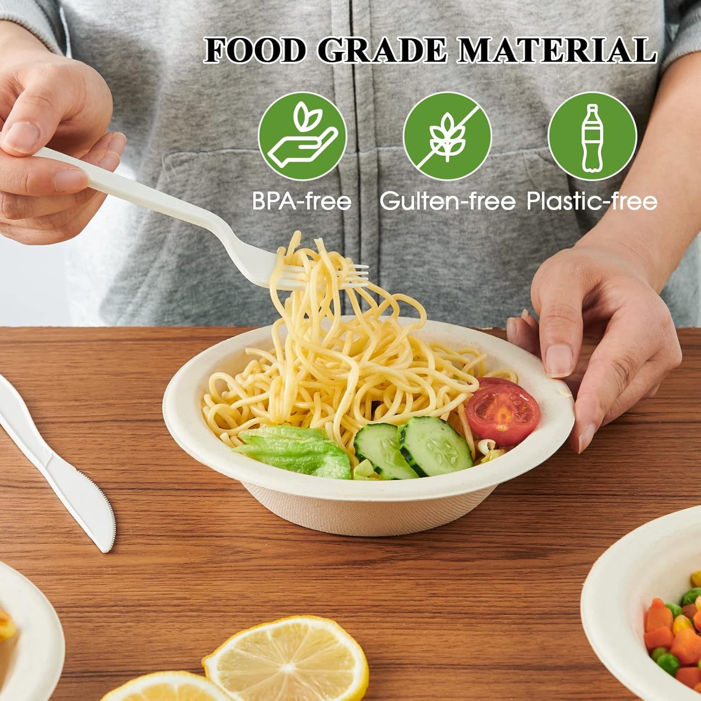 ECOLipak 150 Pack Compostable Disposable Paper Bowls, 16 OZ Bagasse Heavy duty Biodegradable Eco Friendly Sugarcane Soup Bowls for Salad Dessert(Nature)