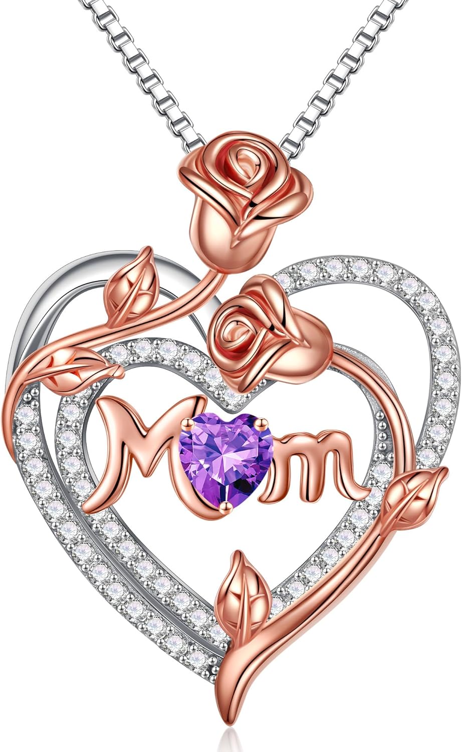 Iefil Christmas Gifts for Mom- 925 Sterling Silver Necklace, Rose Heart Birthstone Necklace, Stocking Stuffers for New/Step/Bonus Mom/Mother in Law