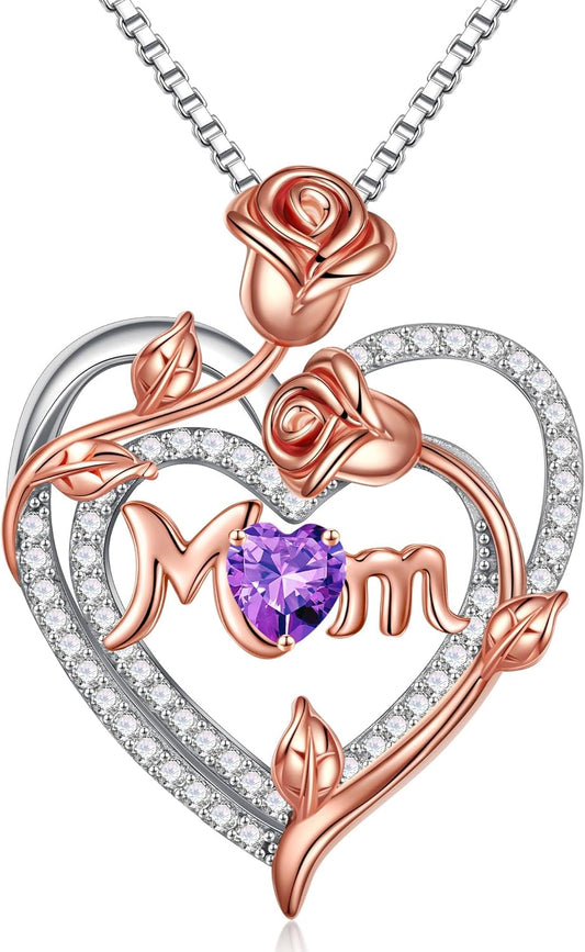Iefil Christmas Gifts for Mom- 925 Sterling Silver Necklace, Rose Heart Birthstone Necklace, Stocking Stuffers for New/Step/Bonus Mom/Mother in Law