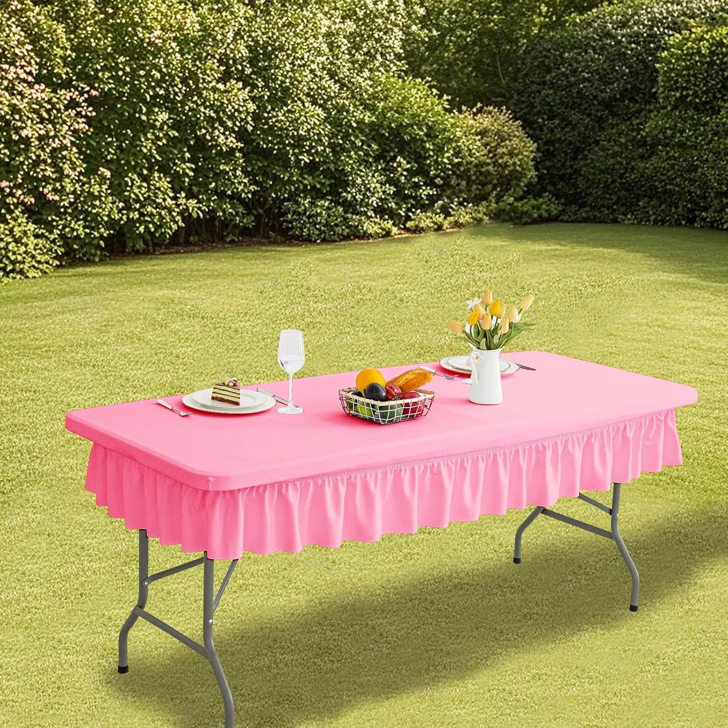 8ft Pink Stretch Tablecloth for Rectangular Tables - Flared Wrap Design, Waterproof, Wrinkle-Resistant, Washable - Ideal for Weddings, Parties, Banquets & Table Protection
