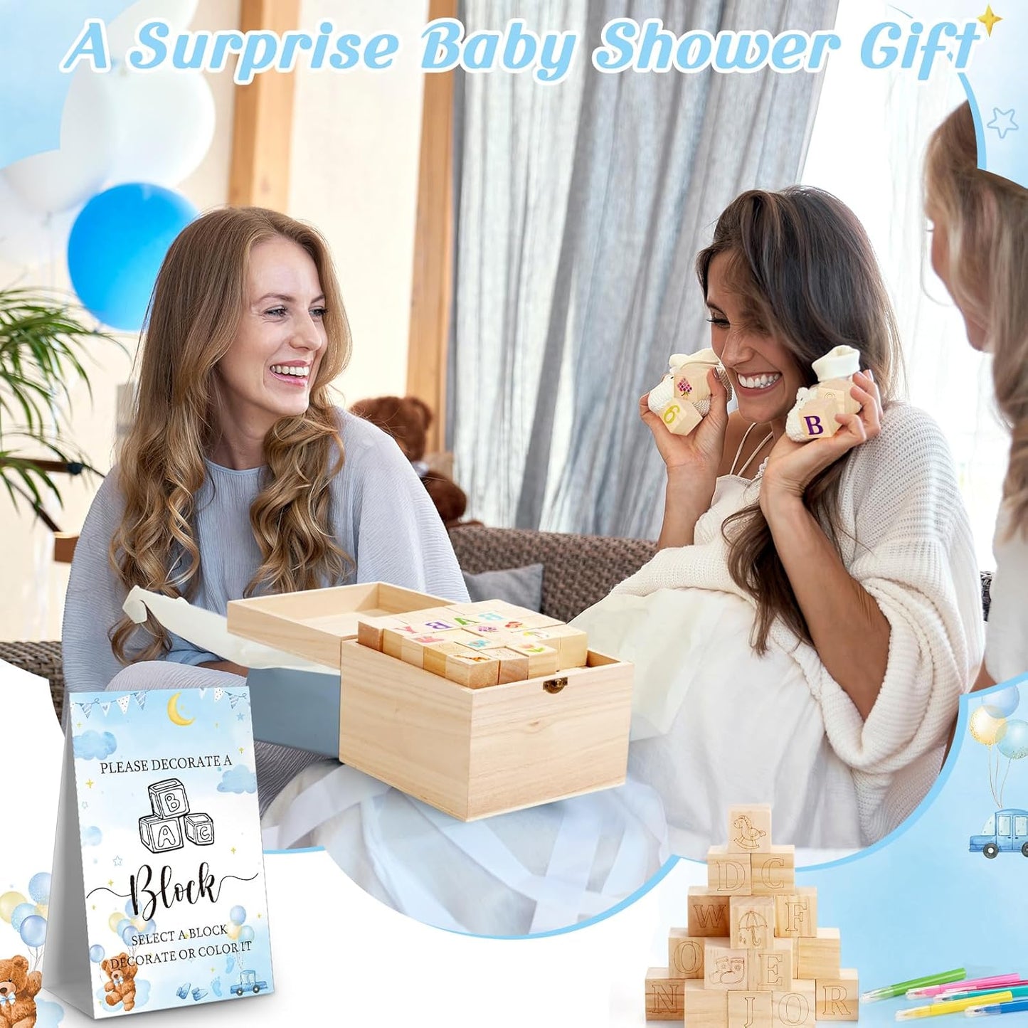 Marsui 136 Pcs Baby Shower Blocks to Decorate Game Kit Includes 98 Wooden Blocks, 36 Markers, 1 Game Sign, 1 Storage Box for Baby Shower Gender Reveal Activity Party Decorations(Blue Bear)