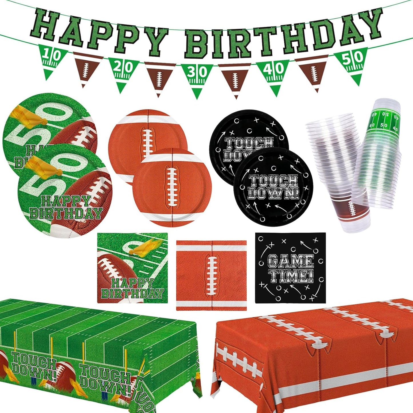 Football Birthday Party Decorations Kit for 24: Football Party Supplies Set with Plates, Dessert Plates, Napkins, Cups, Banner & Touchdown Tablecloth - for Football Tailgate Party Decorations