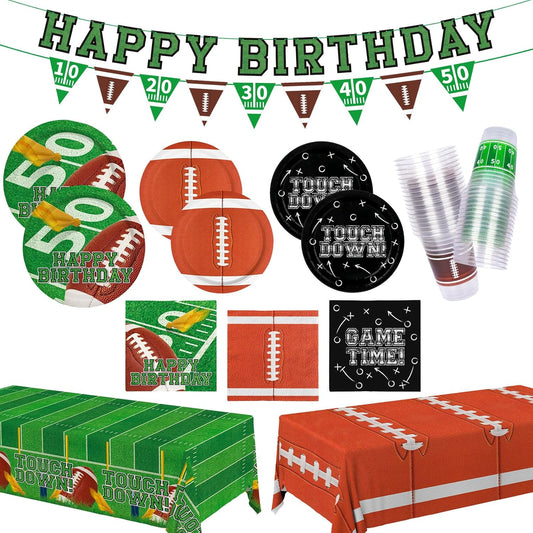 Football Birthday Party Decorations Kit for 24: Football Party Supplies Set with Plates, Dessert Plates, Napkins, Cups, Banner & Touchdown Tablecloth - for Football Tailgate Party Decorations